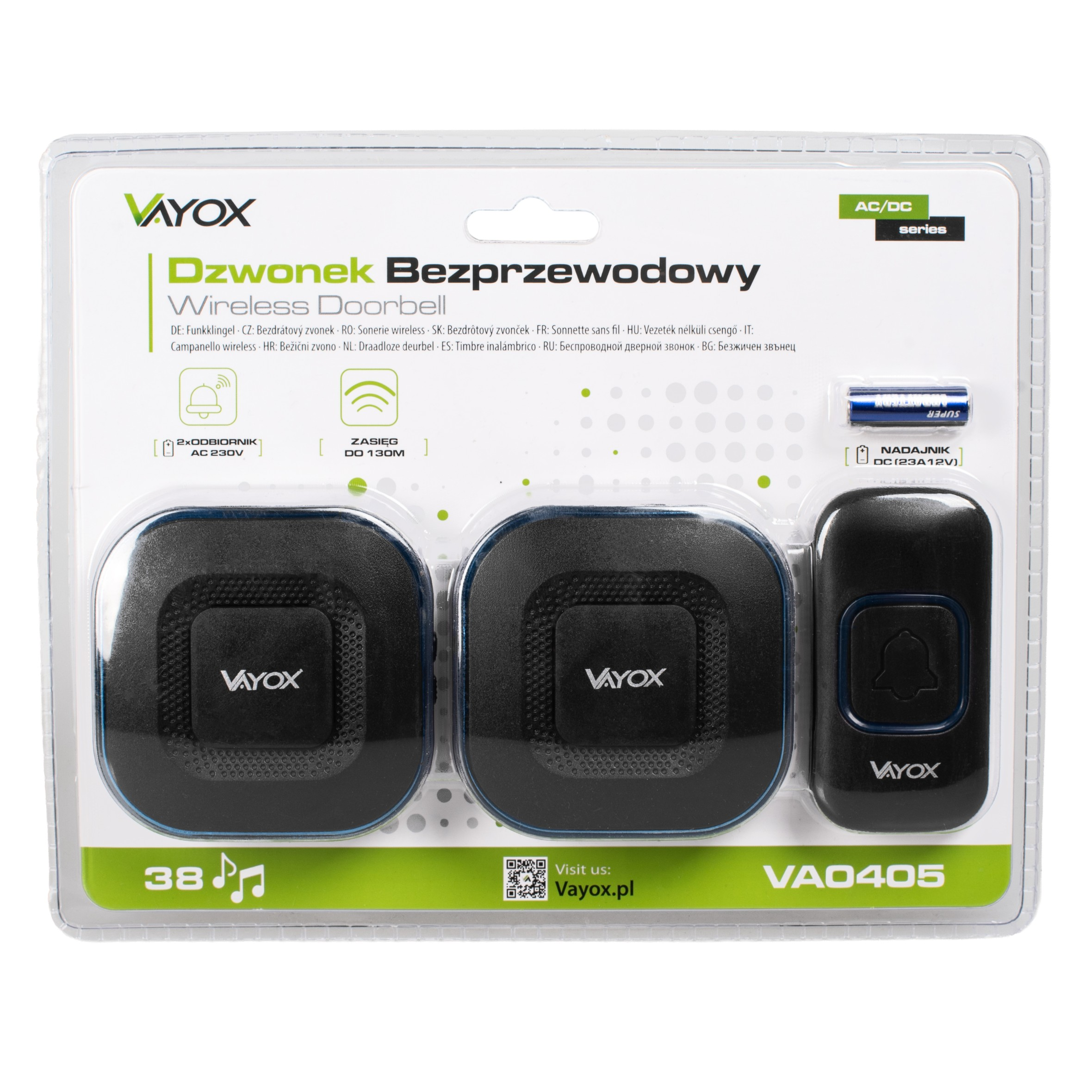 Opakowanie dzwonka bezprzewodowego Vayox. Zawiera dwa czarne odbiorniki, nadajnik i baterie, wszystko na białym tle.