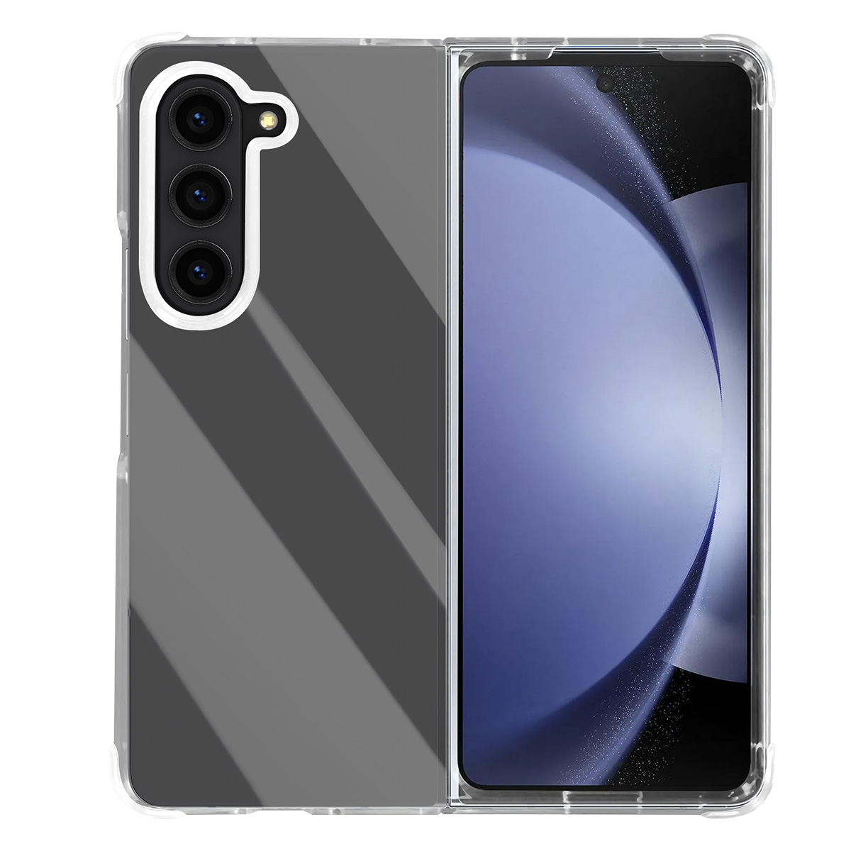 Una custodia trasparente per telefono, parzialmente aperta, che rivela uno schermo scuro. La custodia ha un ritaglio per la fotocamera con tre lenti.