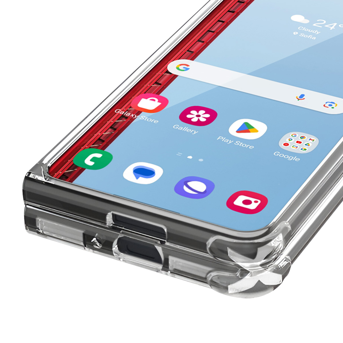 Uno smartphone con custodia trasparente. Lo schermo mostra icone di app: Galaxy Store, Galleria, Play Store e Google. Info meteo visibili.