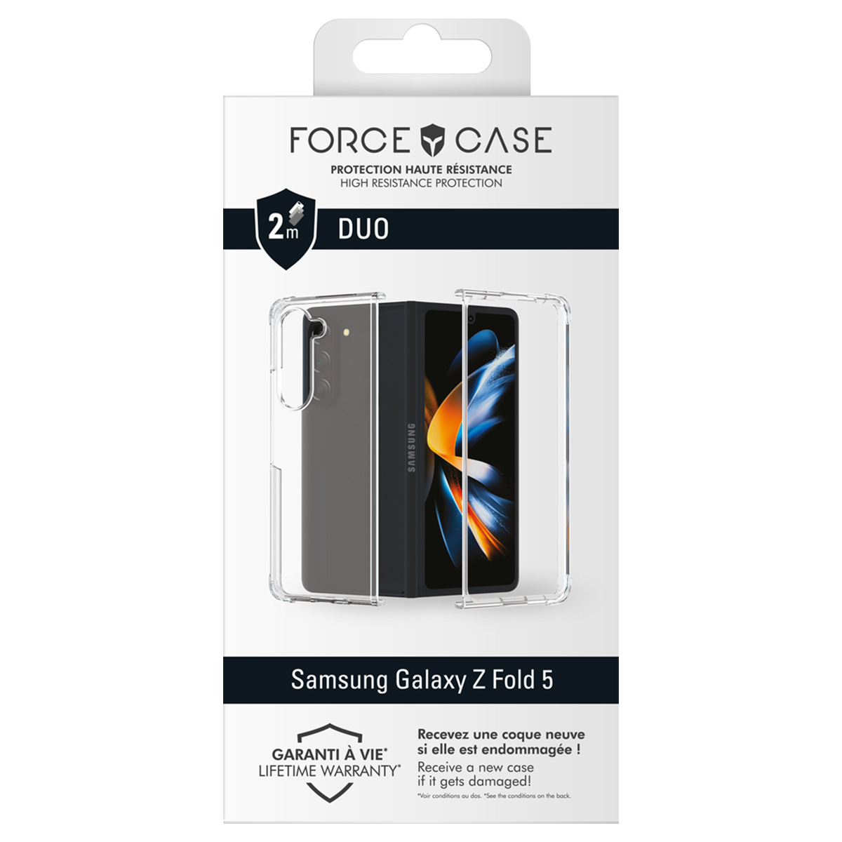 È esposta una custodia trasparente per Samsung Galaxy Z Fold 5. La confezione presenta testo in inglese e francese, con informazioni sulla garanzia.