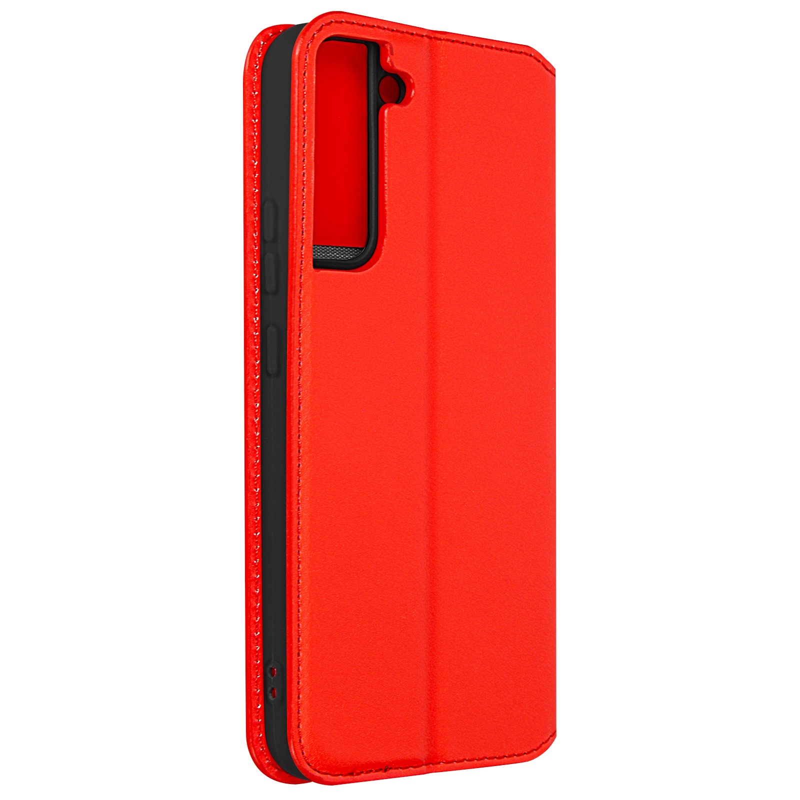 Étui de téléphone en cuir rouge. Intérieur noir, coutures et fermeture magnétique. L'étui est ouvert, montrant le support du téléphone.