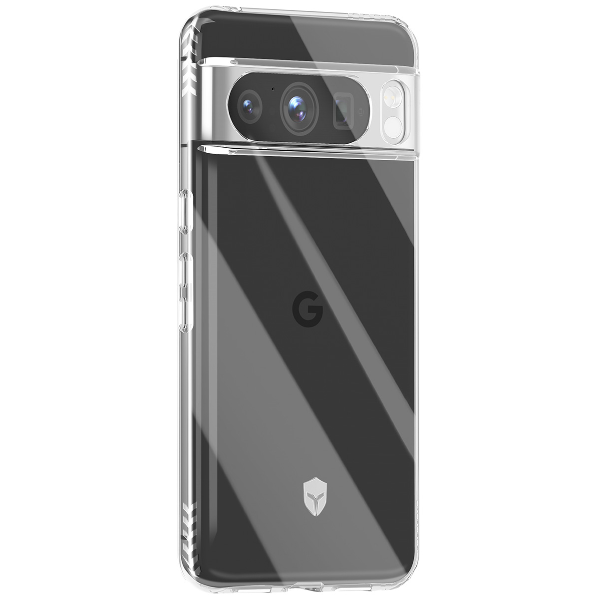 Una custodia trasparente con un telefono dentro. Il telefono ha fotocamere e il logo Google è visibile sul retro.