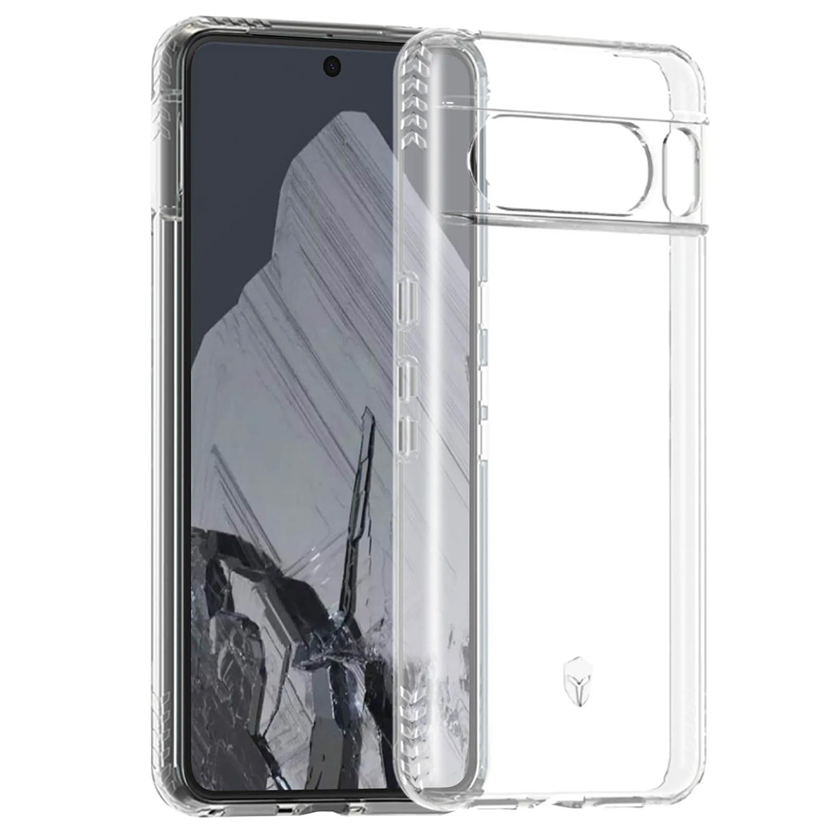 Una custodia trasparente per telefono accanto a uno smartphone con schermo scuro, che mostra un'immagine simile a una montagna. La custodia ha un logo.