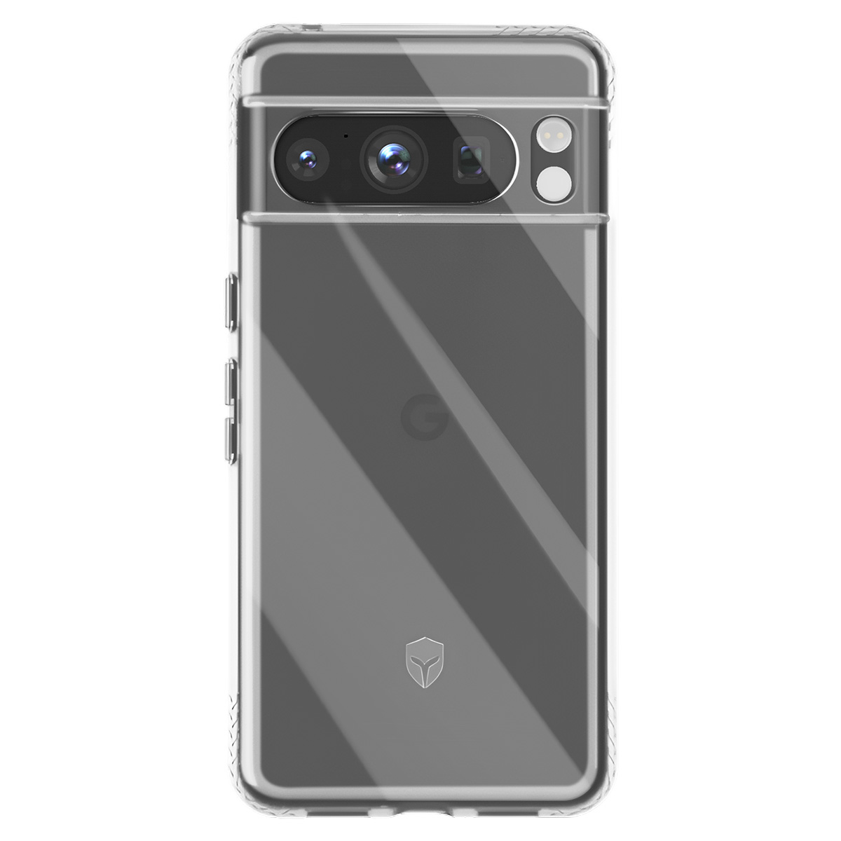 Custodia trasparente per telefono. Copre un telefono grigio con lenti della fotocamera e un logo bianco in basso. La custodia riflette la luce.