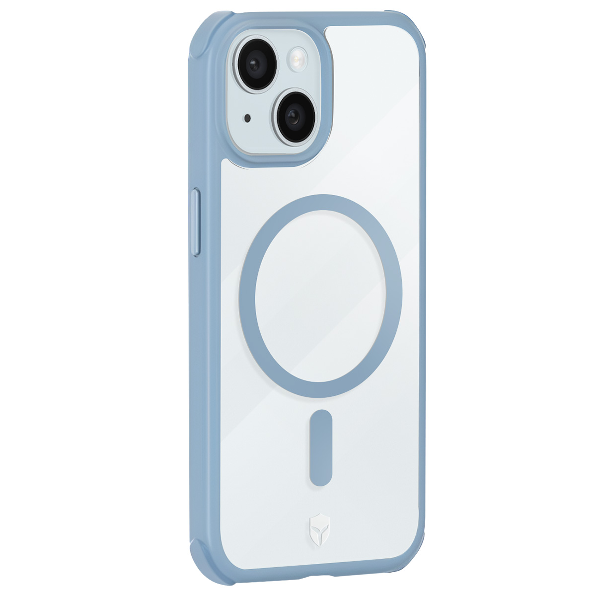 Une coque transparente pour iPhone avec des bords bleus. La coque a un design circulaire et une barre verticale au dos. Doubles objectifs de caméra visibles.