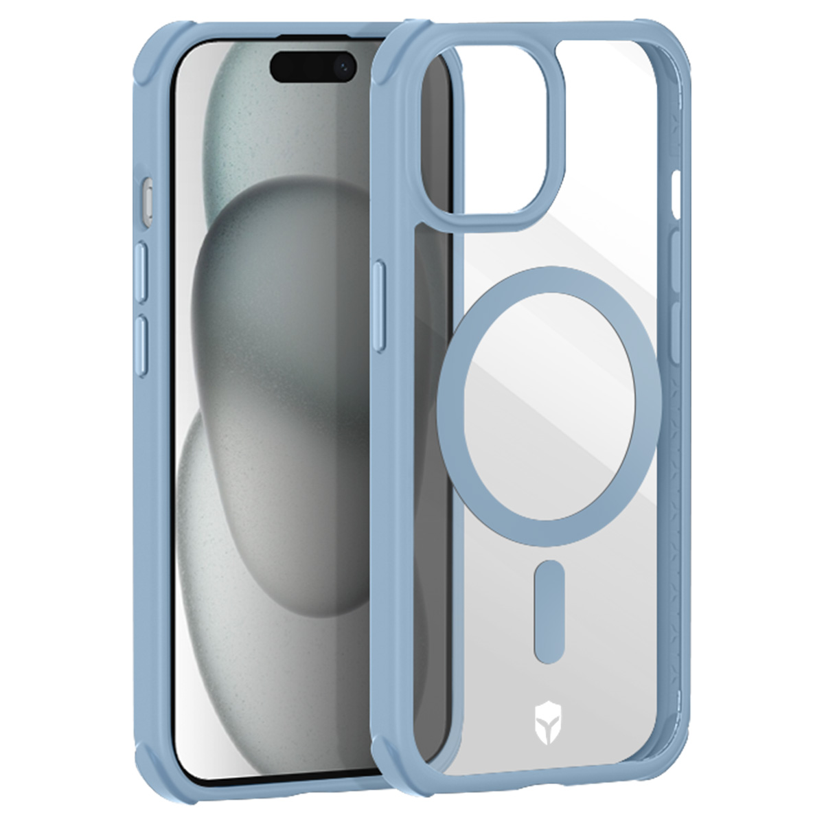 Une coque de téléphone bleu clair avec un dos transparent et un téléphone à l'intérieur. La coque a une zone magnétique circulaire.