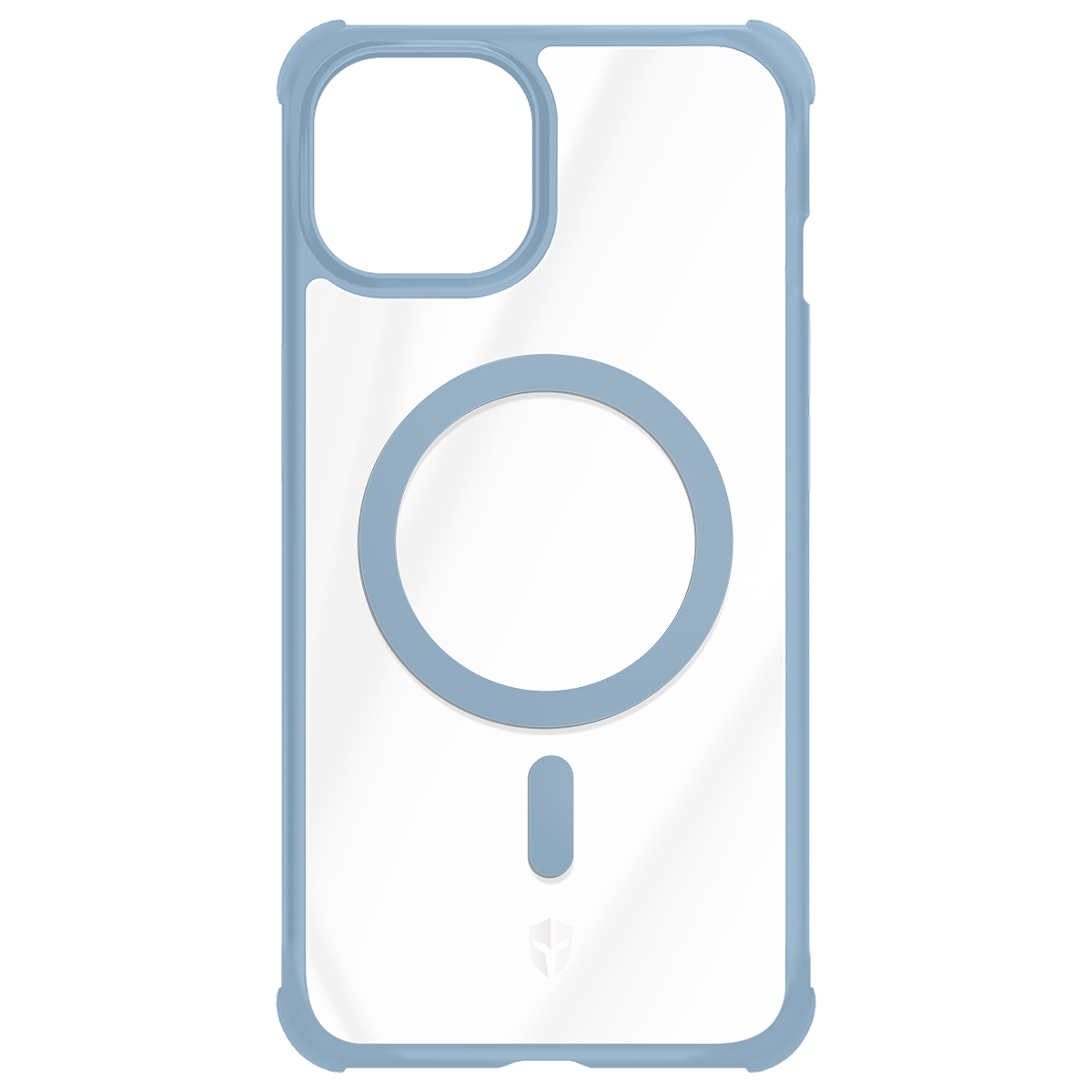 Une coque transparente pour iPhone avec un cadre bleu clair. Elle possède un anneau MagSafe circulaire et un point d'exclamation en bas.