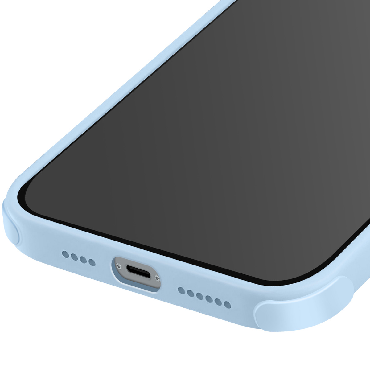 Gros plan d'une coque de téléphone bleu clair avec écran noir. Montre le bord inférieur avec port et trous de haut-parleur.