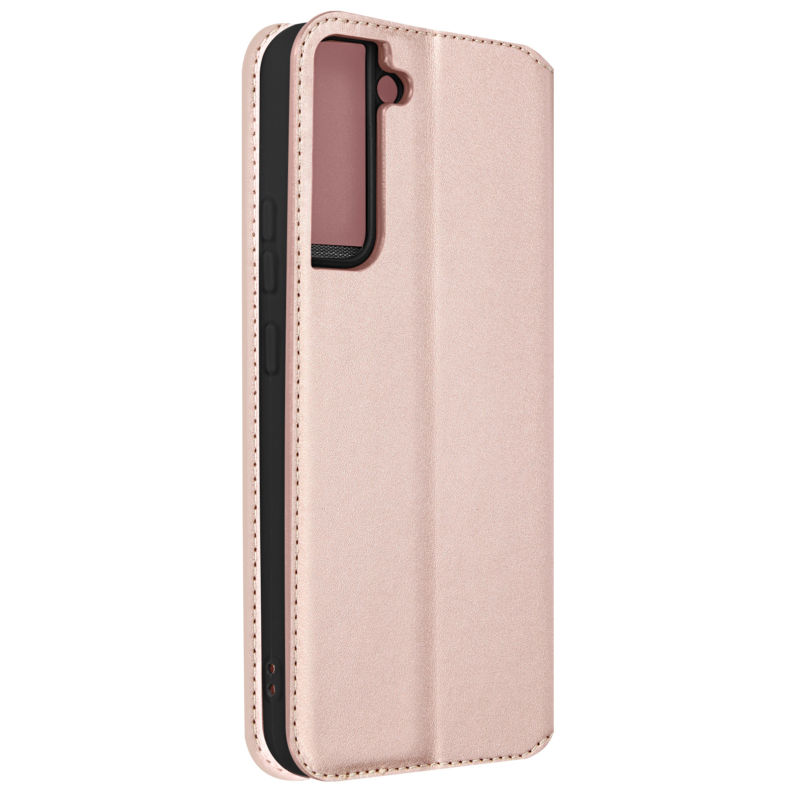 Un étui de téléphone or rose, fermé, avec un cadre intérieur noir. L'étui est fait d'un matériau texturé.