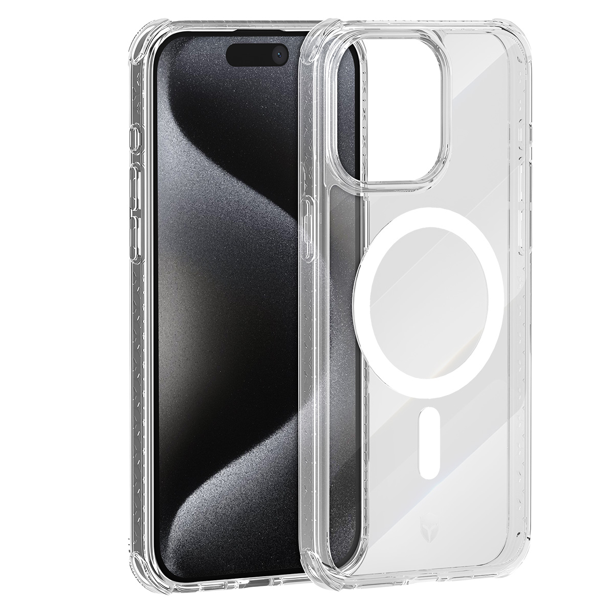 Transparante telefoonhoes naast een zwarte smartphone. De hoes heeft een witte cirkel en een verticale lijn, en de telefoon is zichtbaar.