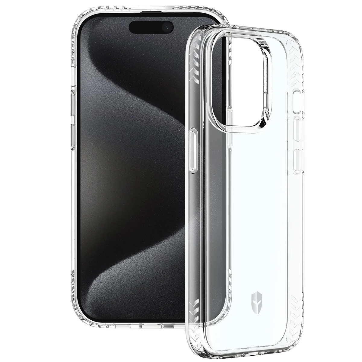 Una custodia trasparente per telefono accanto a uno smartphone nero. La custodia è trasparente e mostra il design del telefono.