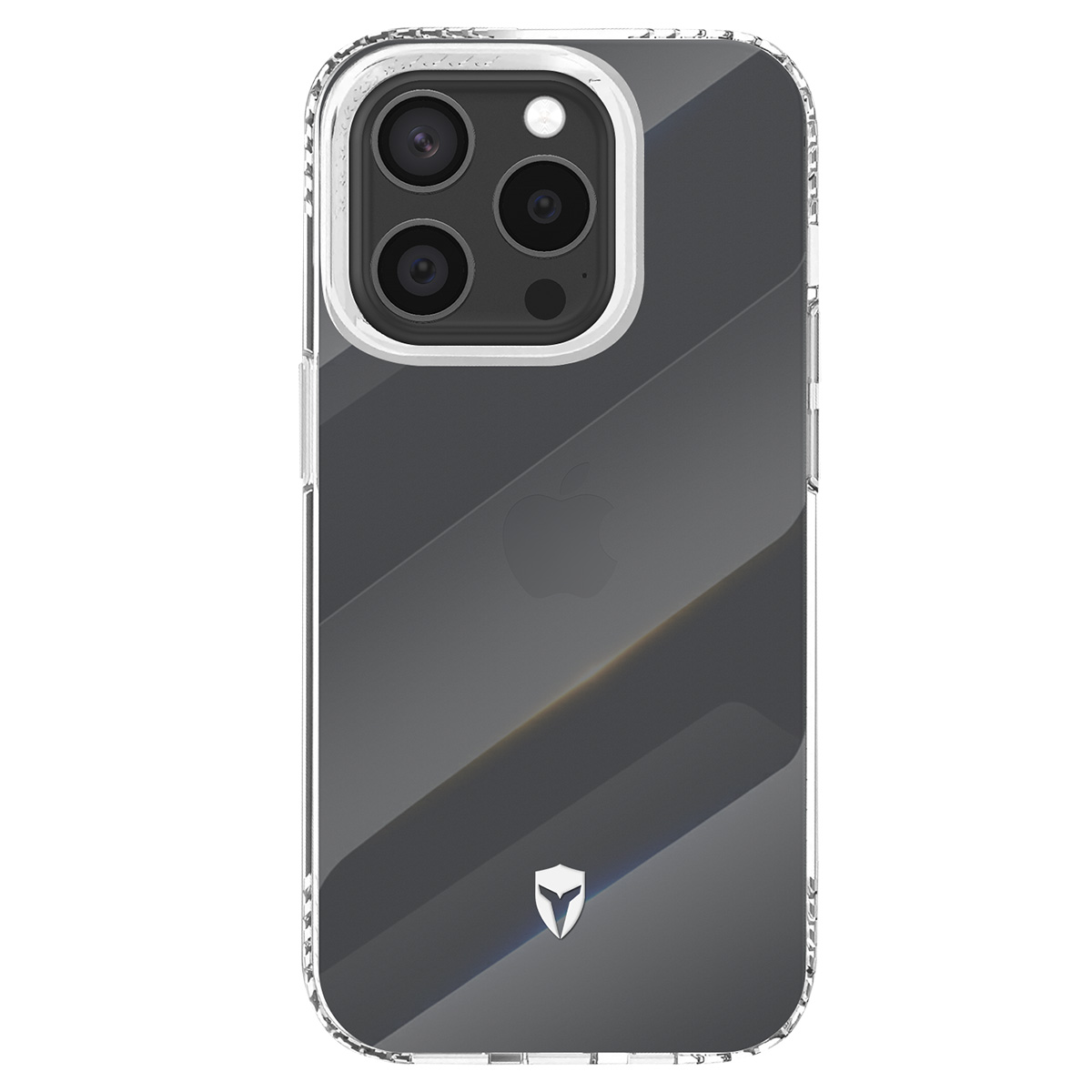 Una custodia trasparente per telefono con un design a strisce diagonali. Ha un ritaglio per la fotocamera con tre lenti e un logo Apple.