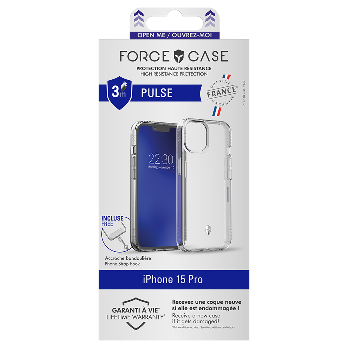 Una confezione di custodia per telefono con un telefono all'interno. La confezione include testo come 'FORCE CASE' e 'iPhone 15 Pro'.