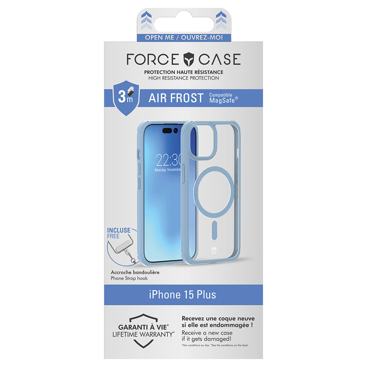 Un emballage d'étui de téléphone avec un étui pour iPhone 15 Plus. Il a un bord bleu et est étiqueté Air Frost, compatible avec MagSafe.