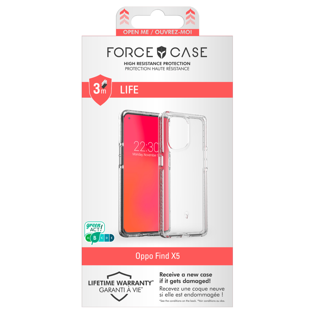 Una confezione di custodia per telefono con un telefono all'interno. Testo: Force Case, Life, Oppo Find X5. Custodia trasparente, schermo del telefono rosso, sfondo bianco.
