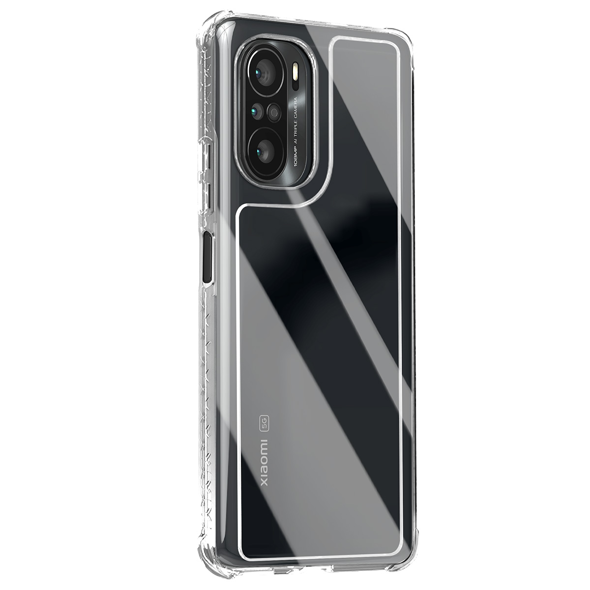 Una custodia trasparente con un telefono nero all'interno. Tripla fotocamera visibile. Il telefono è un modello Xiaomi 5G.