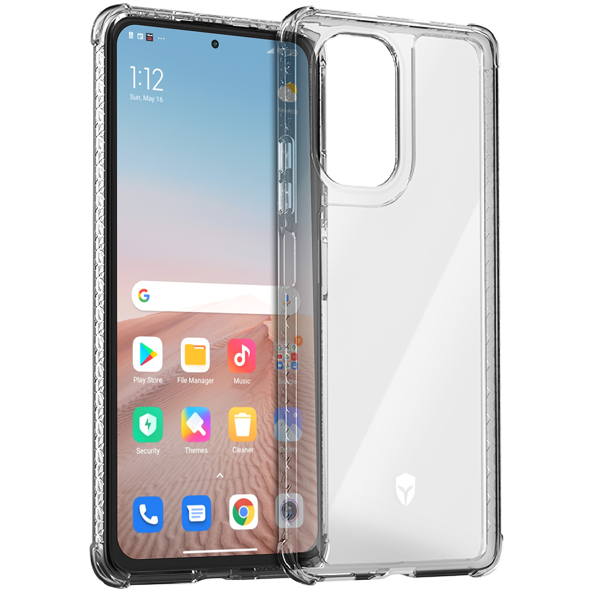 Uno smartphone in una custodia trasparente. Lo schermo mostra l'ora, la data e le icone delle app. La custodia è trasparente.