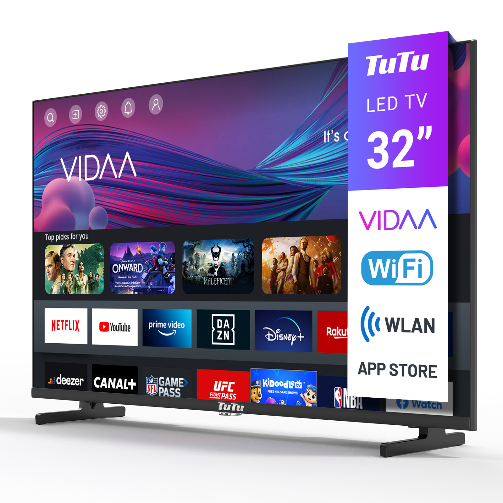 Ein 32-Zoll-LED-Fernseher zeigt seine VIDAA-Oberfläche mit App-Symbolen. Eine Branding-Tafel zeigt 'TuTu' und 'VIDAA'.