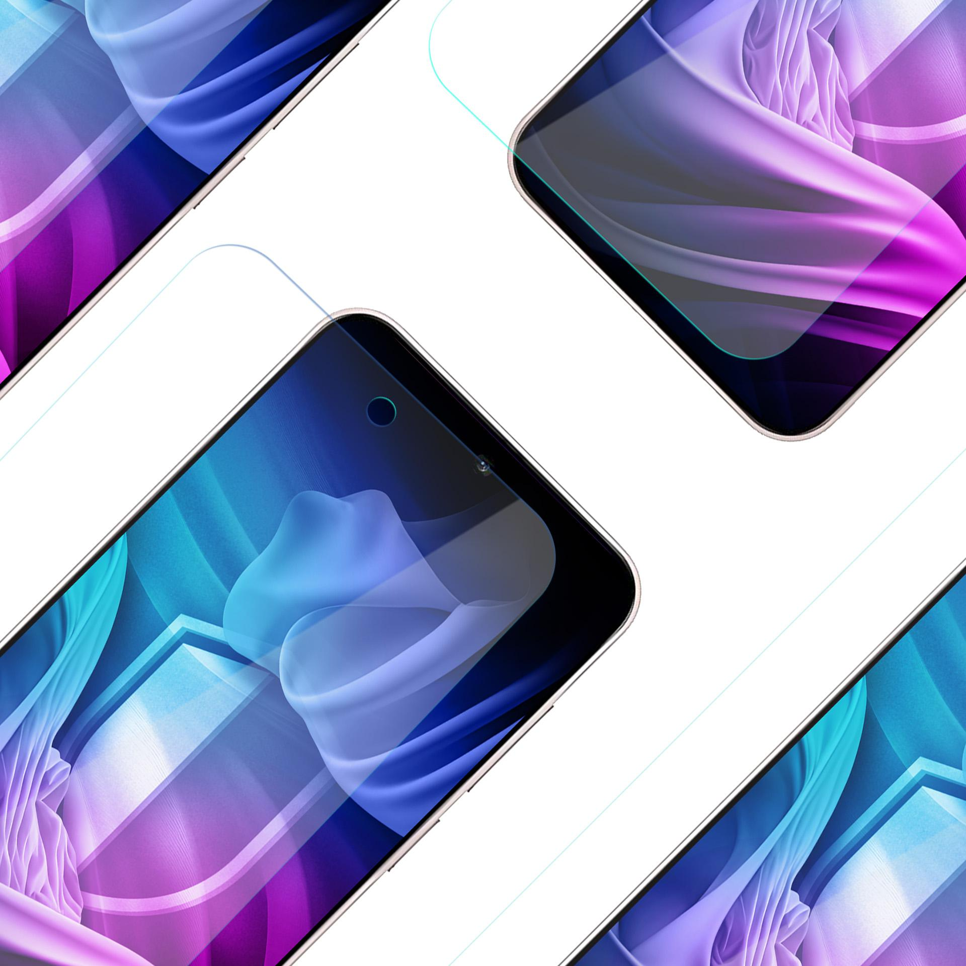 Telefoni con protezioni schermo, arte astratta sugli schermi e sfondo bianco, con colori blu e viola.