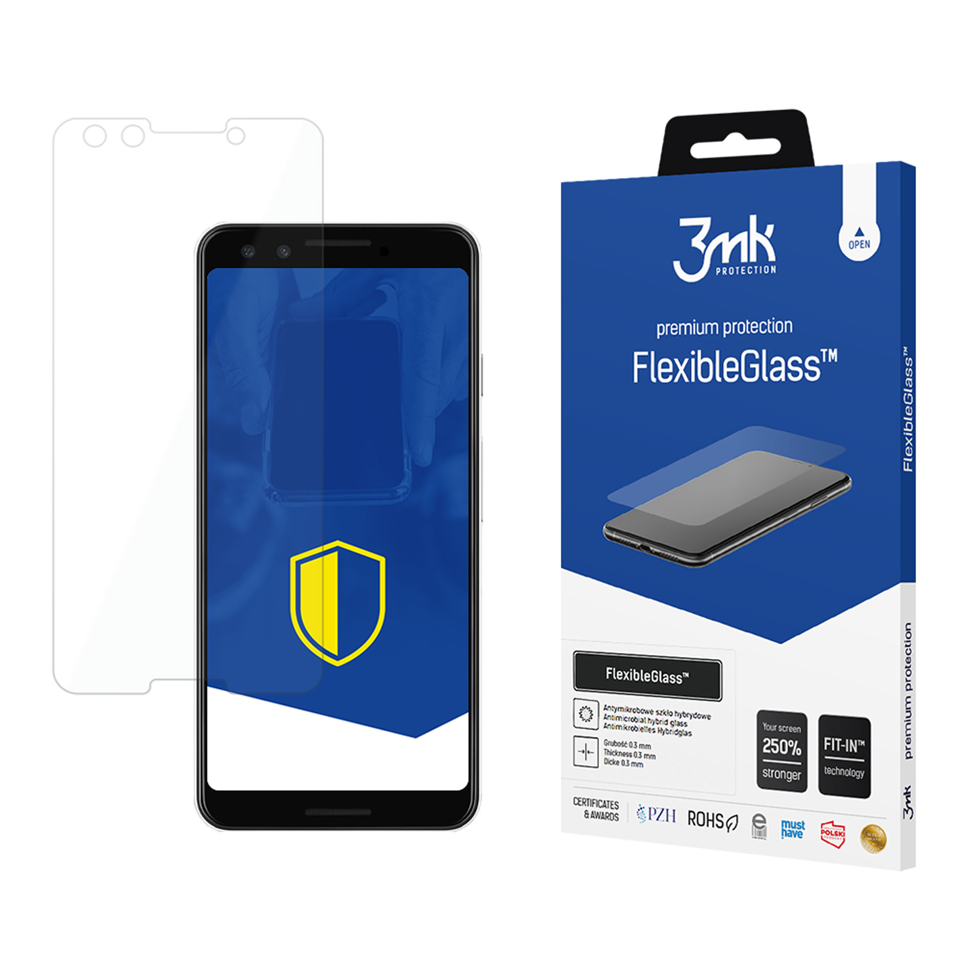 Un telefono e una protezione per lo schermo sono visualizzati. La protezione è trasparente e il telefono è nero, su una scatola blu e bianca.