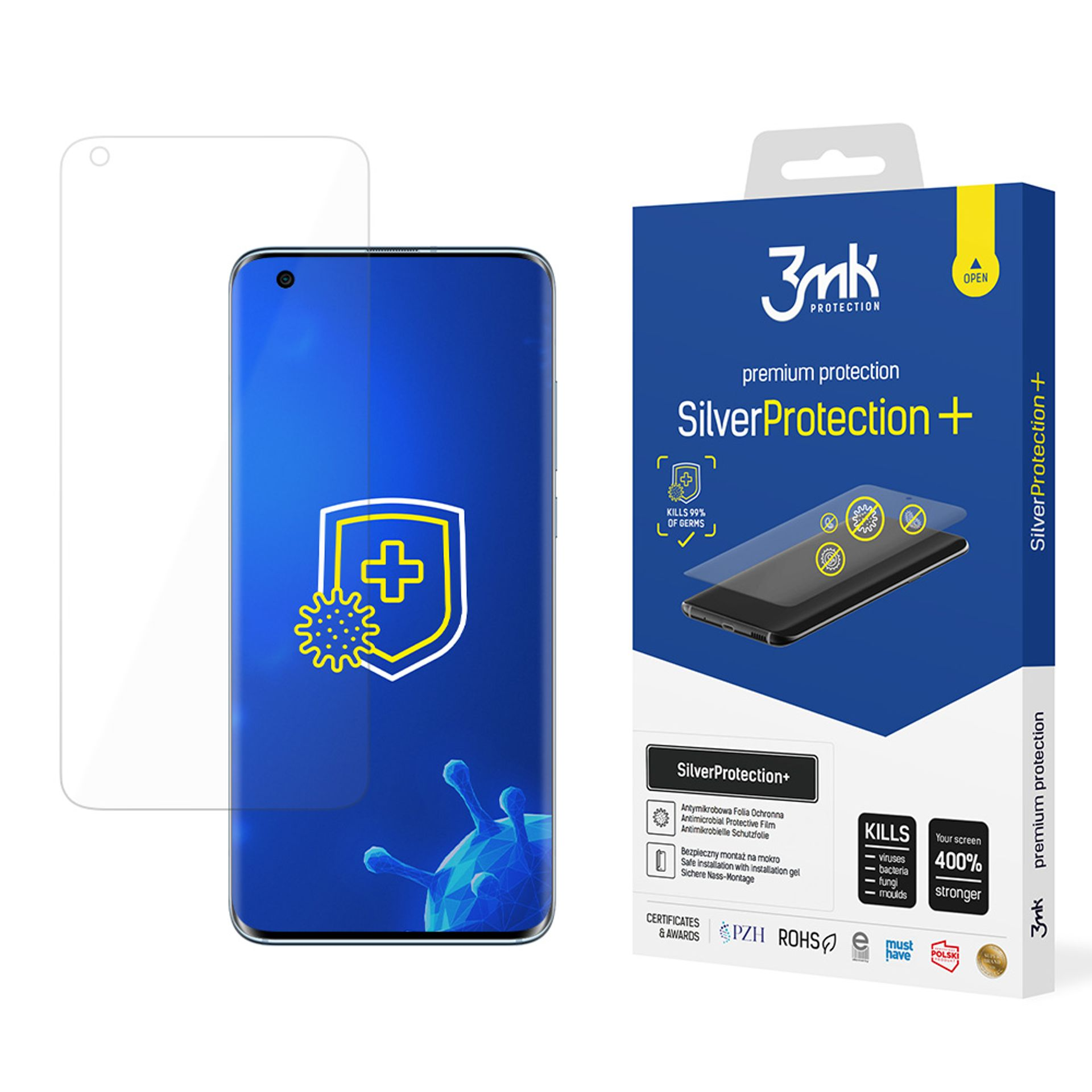 Un proteggi schermo per telefono e una scatola. La scatola è blu e bianca con il marchio 3mk. Dice SilverProtection+.