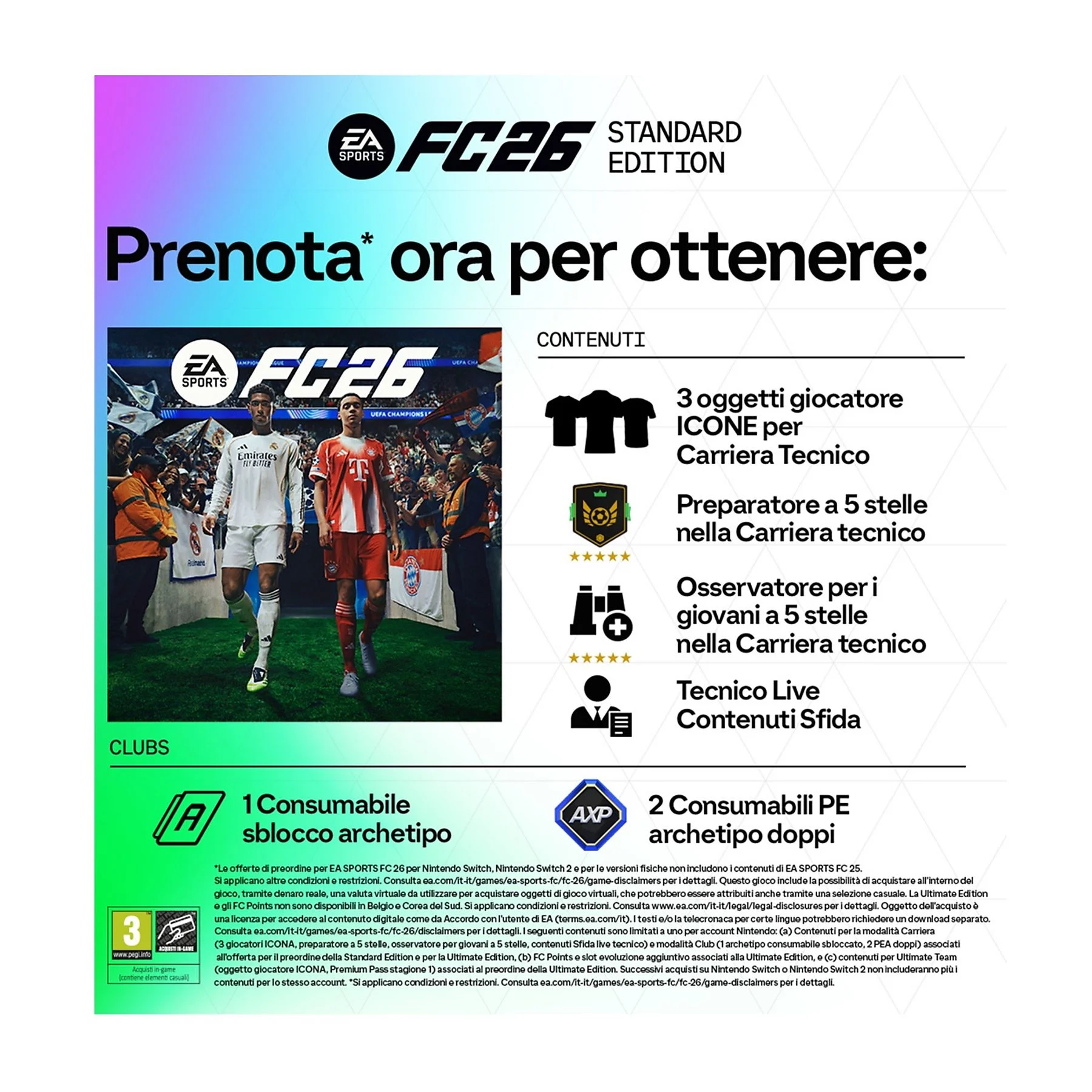 Scatola del gioco FC26. Presenta due calciatori. Il testo include 'Prenota ora' e dettagli del gioco. Include il logo EA Sports.