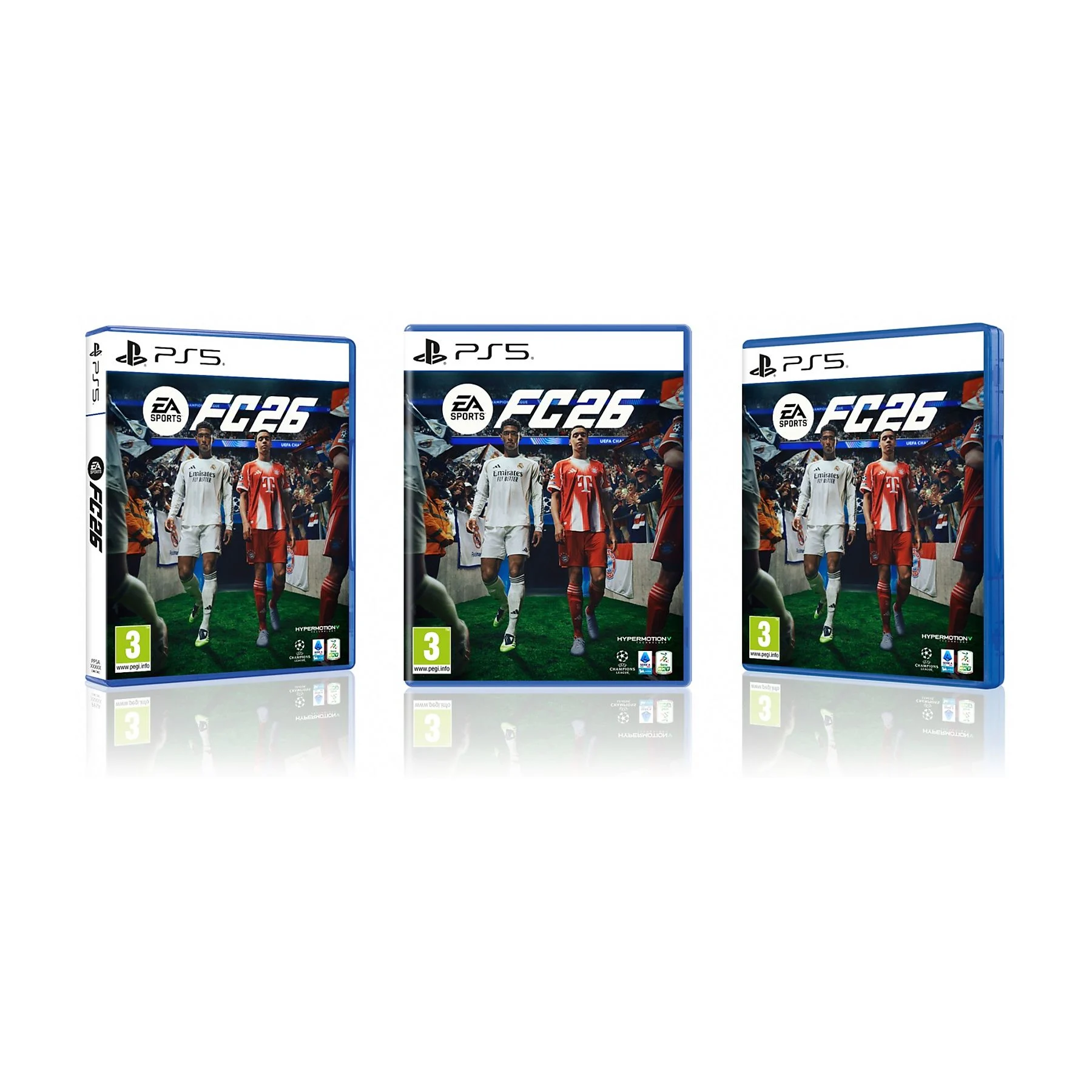 Tre custodie per giochi PlayStation 5 per EA FC26. Due calciatori sulla copertina. Sfondo bianco.