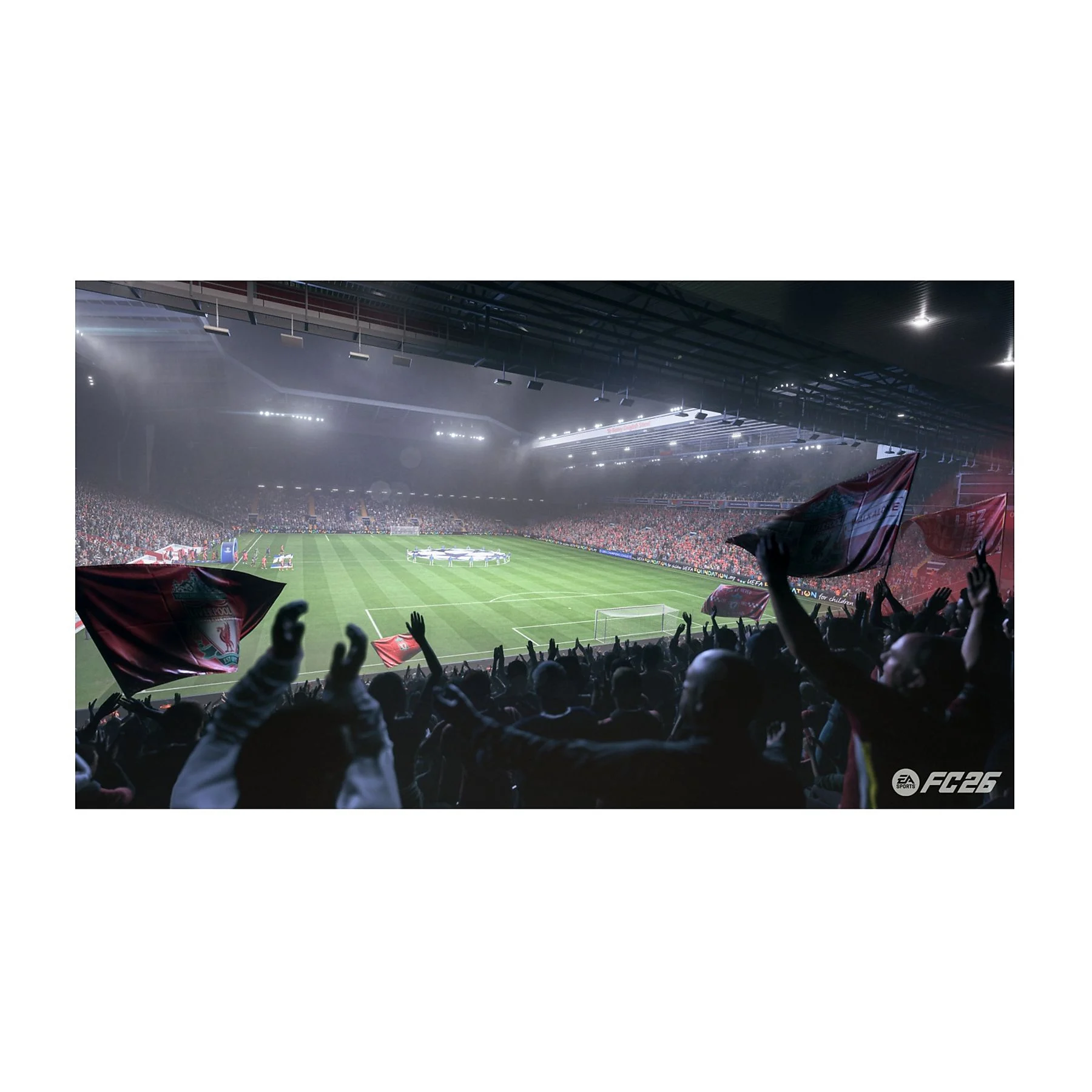 Uno stadio pieno di tifosi in festa. Sventolano bandiere. Un campo da calcio è al centro.