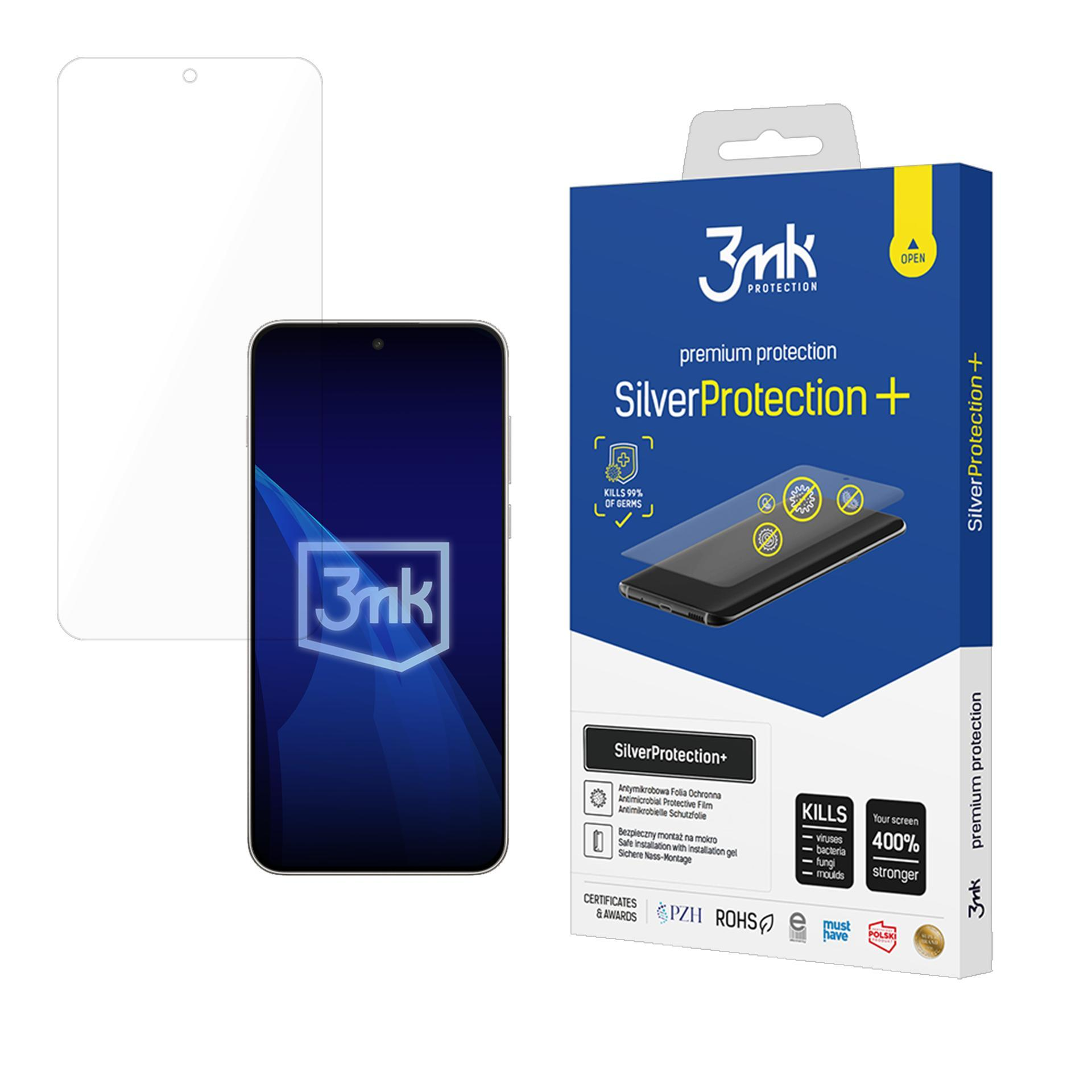 Un telefono e una scatola di protezione dello schermo. La scatola è blu, con il marchio 3mk. Dice SilverProtection+.