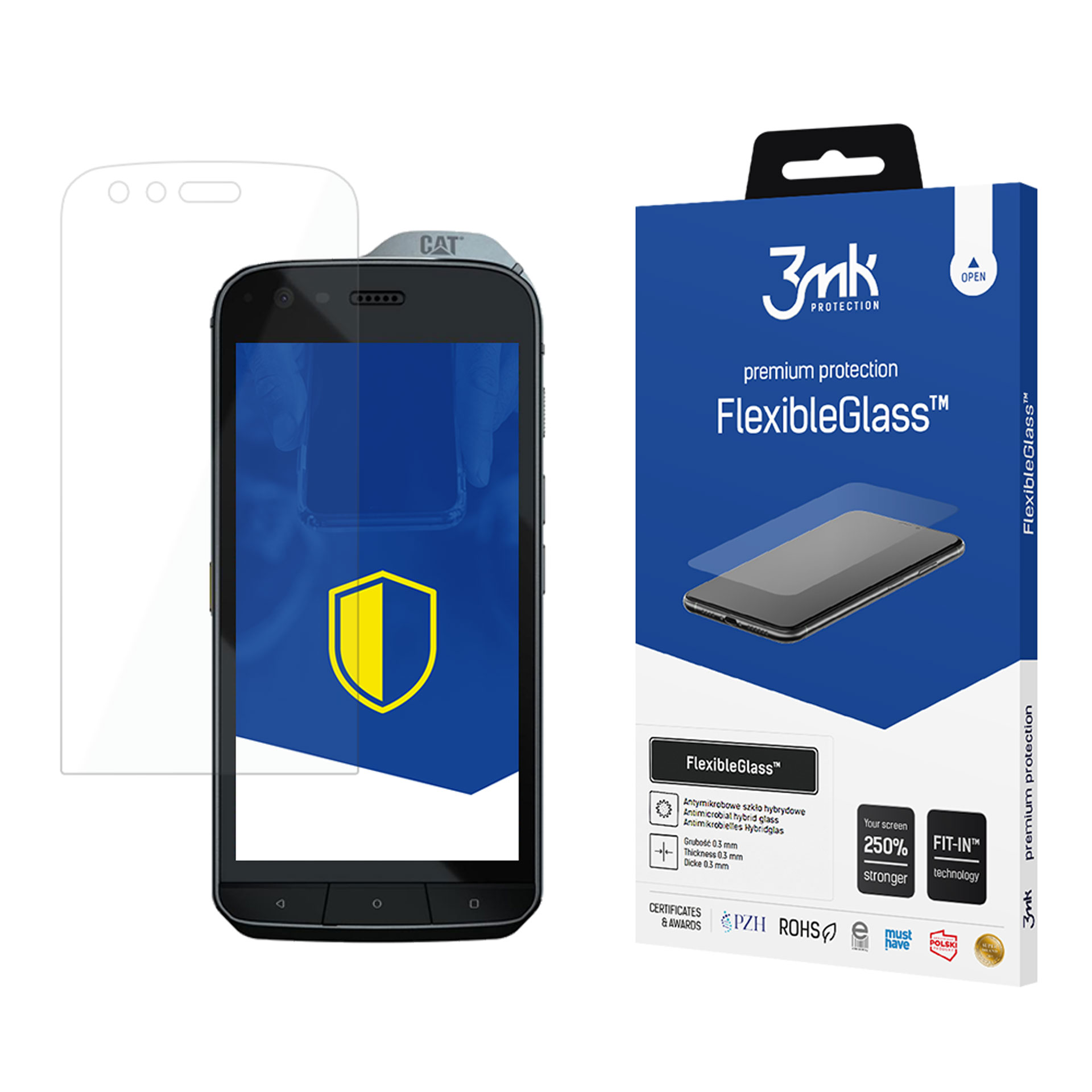 Un telefono con protezione schermo, scatola di FlexibleGlass e un foglio protettivo. Lo schermo del telefono mostra uno scudo giallo.