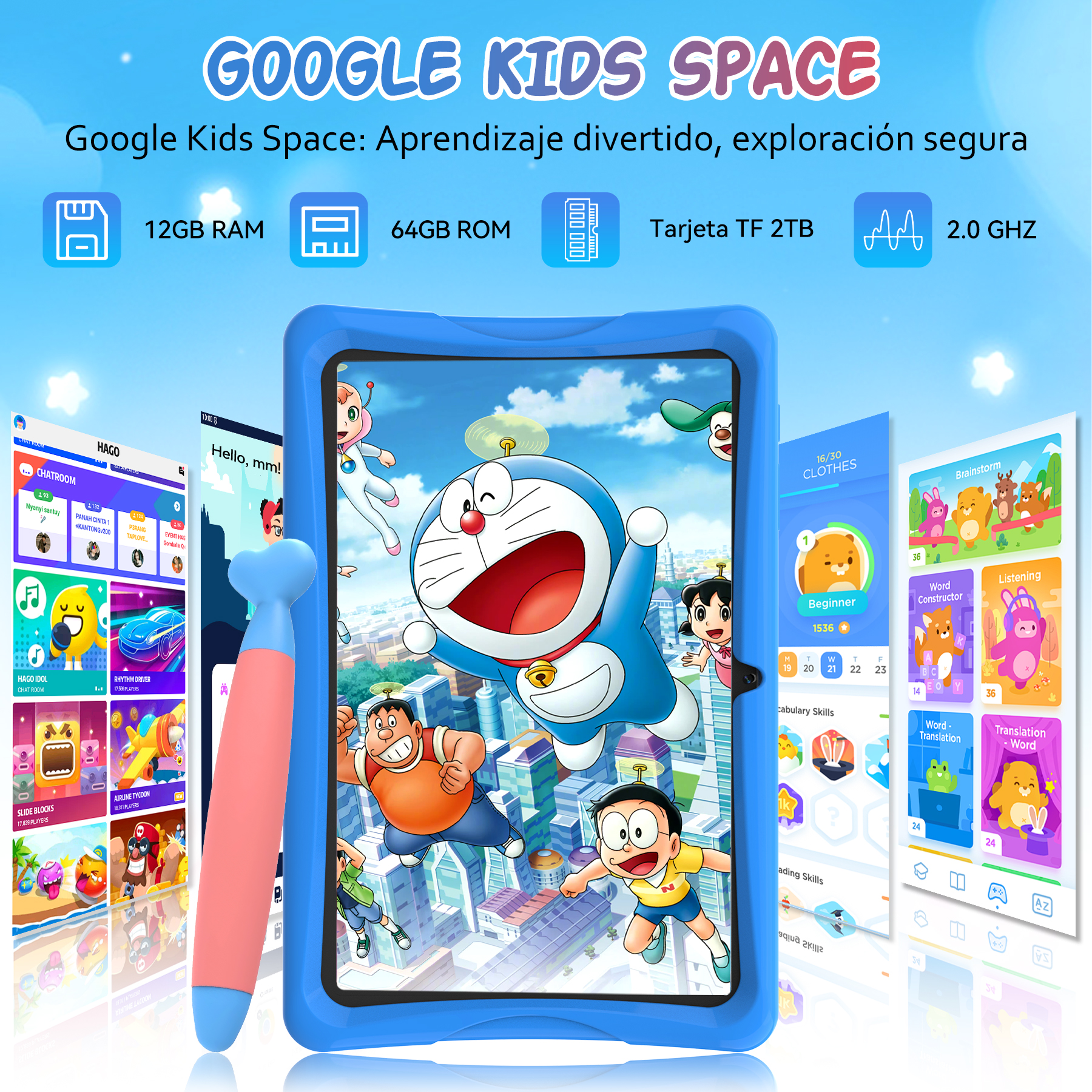Tableta con imagen de Doraemon, funda azul. Aplicaciones mostradas. Lápiz óptico a la izquierda. Especificaciones: RAM, ROM, TF, GHz.