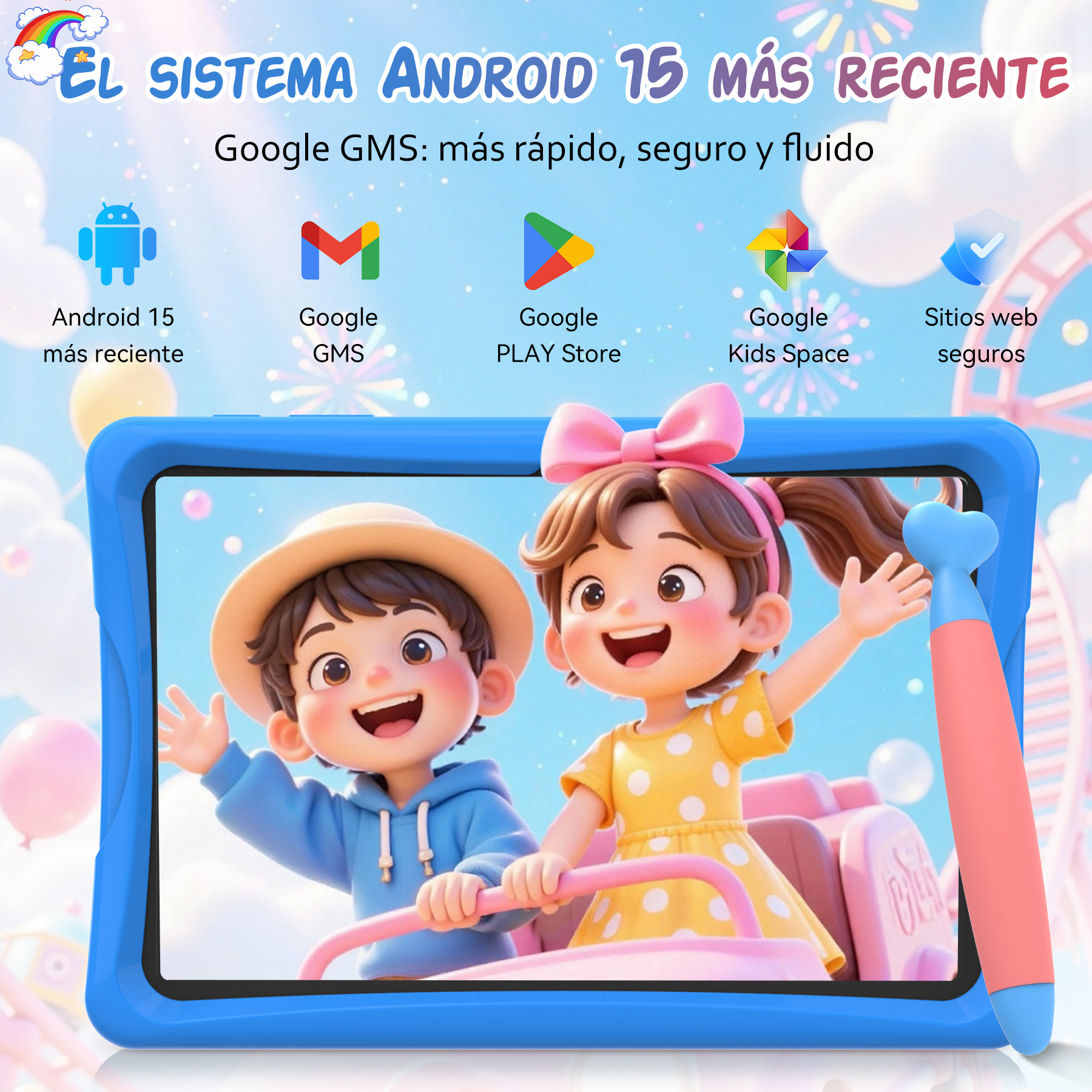 Una tableta con dos niños de dibujos animados, un lápiz óptico e iconos de aplicaciones de Google. El texto dice Android 15 y funciones de Google.