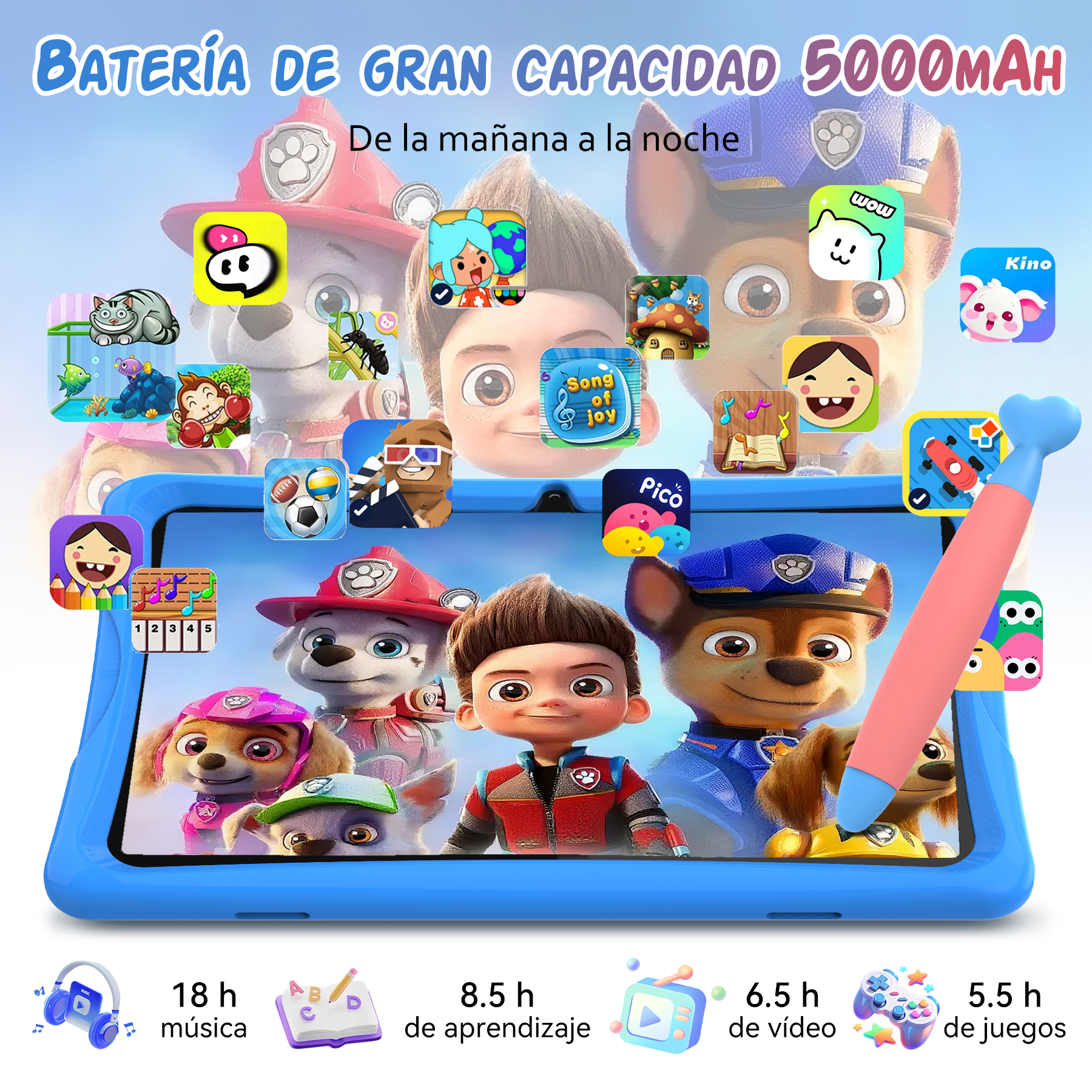 Una tableta azul con personajes de dibujos animados e iconos de aplicaciones, junto con texto sobre la duración de la batería para música, vídeo y juegos.