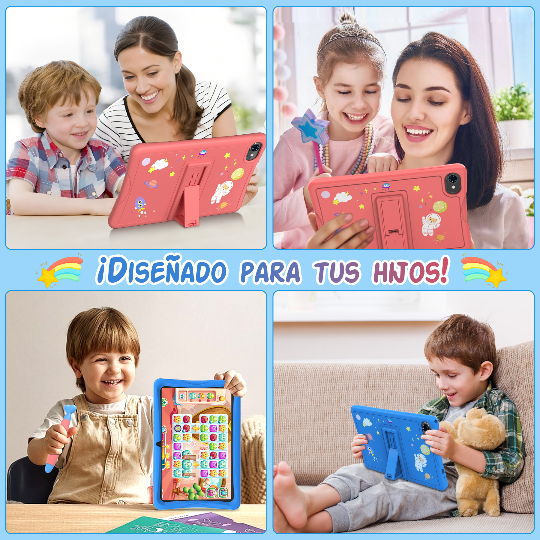 Cuatro imágenes de niños y adultos usando tabletas con fundas coloridas. Las tabletas tienen pegatinas temáticas espaciales.