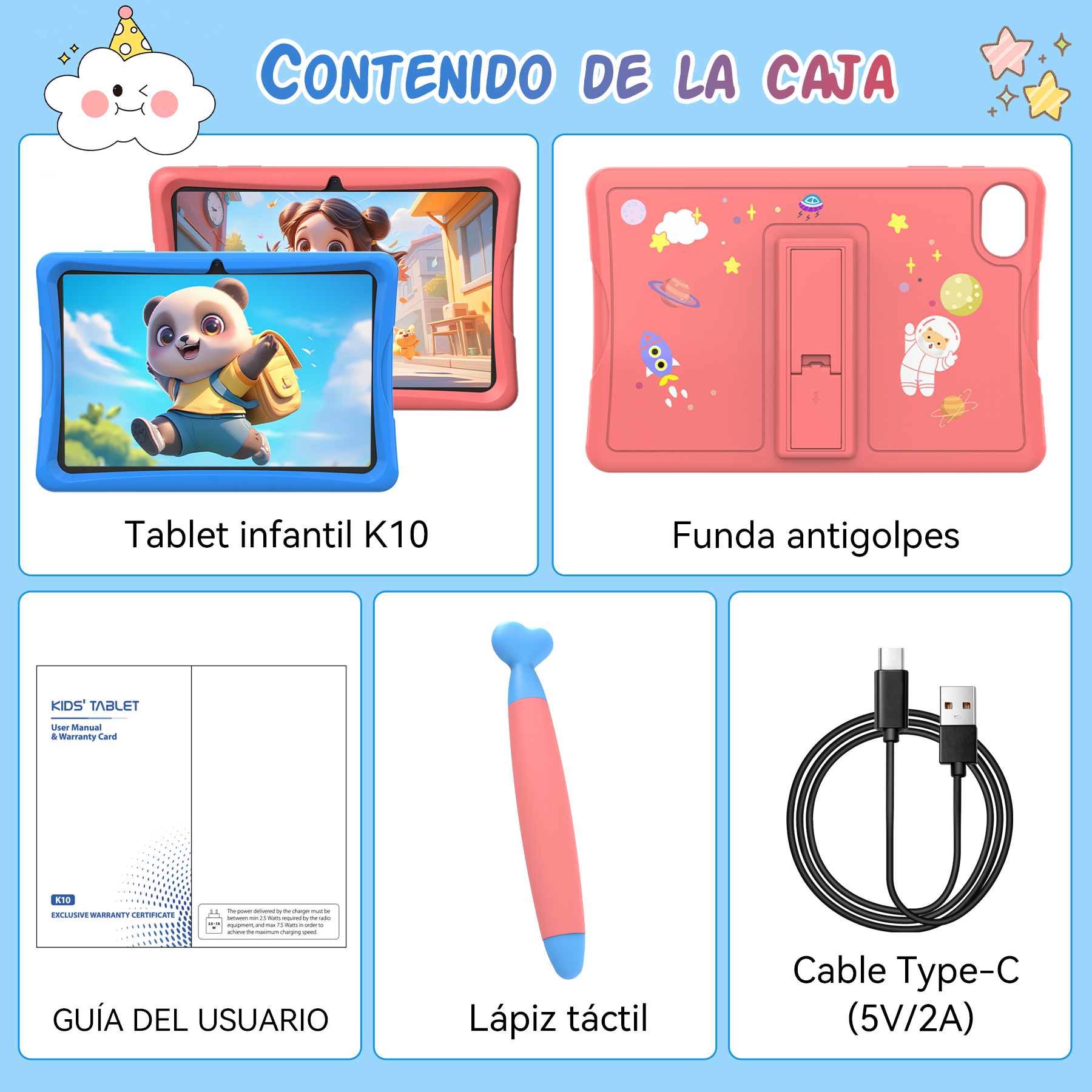 La imagen muestra una tableta para niños, funda protectora, manual de usuario, lápiz y cable USB-C. Todos son coloridos.