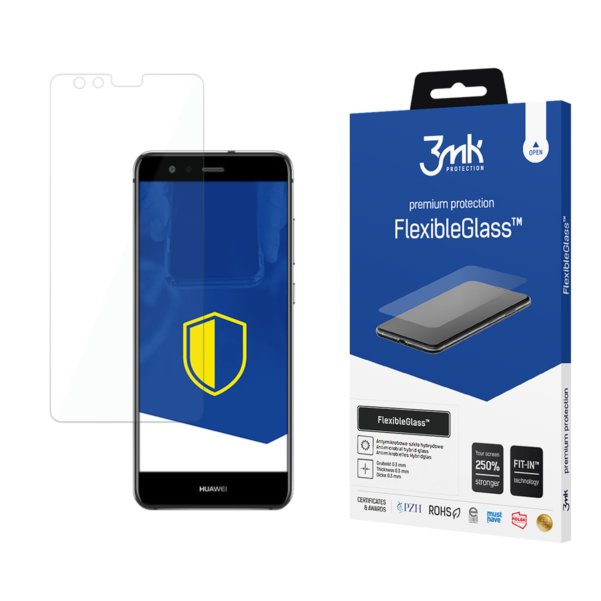 Un telefono con protezione schermo e una scatola di FlexibleGlass. Il telefono è nero e la protezione è trasparente.