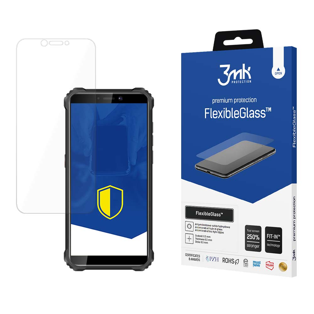 Un telefono con protezione schermo, una protezione schermo e una scatola di FlexibleGlass.