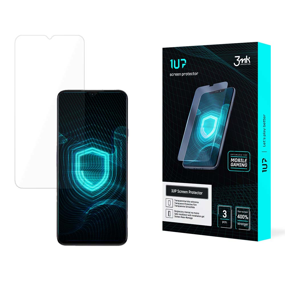 Un kit di protezione dello schermo del telefono. Ha un telefono, la protezione e una scatola con dettagli. Dice 1UP Screen Protector.