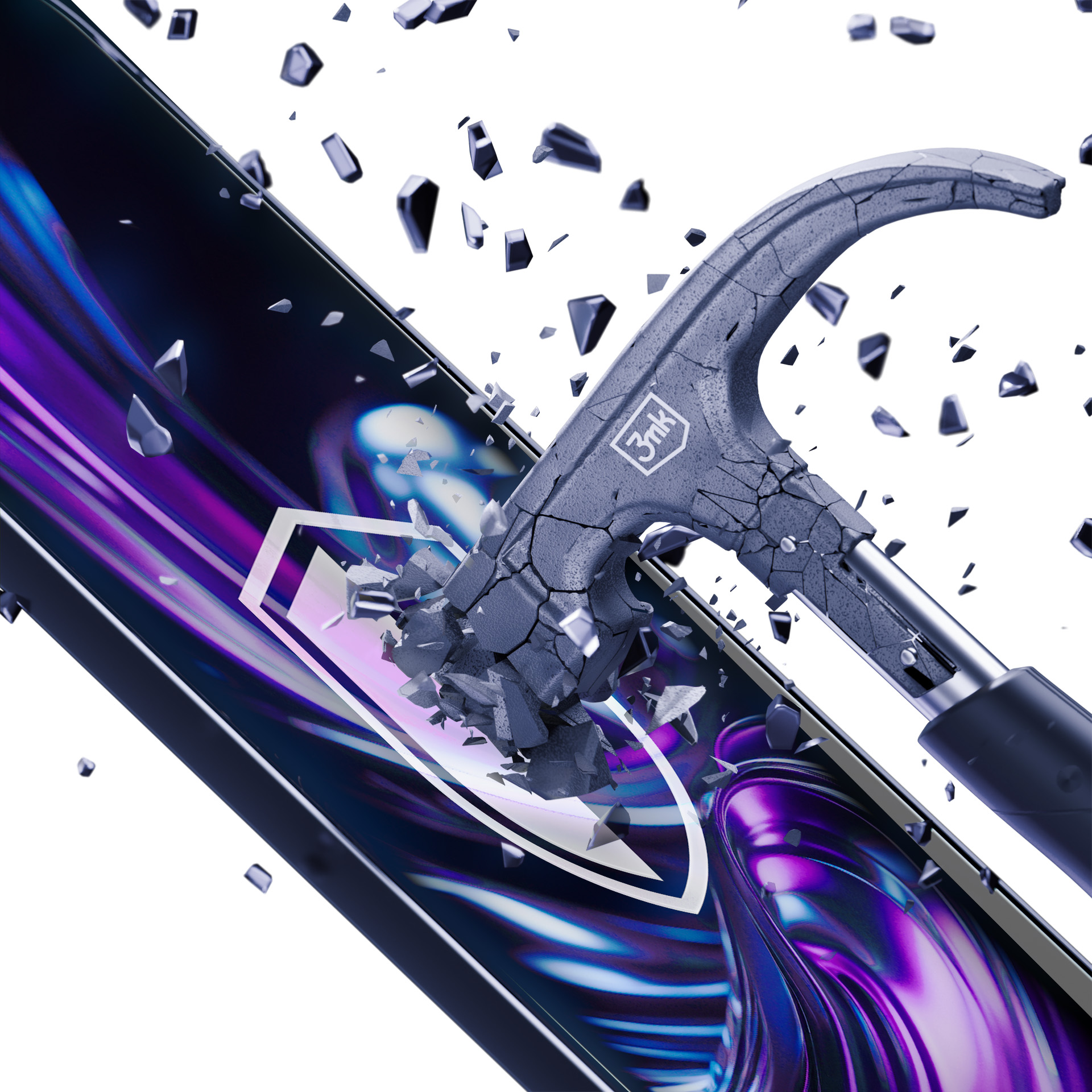 Młotek rozbija ekran telefonu. Kawałki ekranu i młotka lecą. Ekran ma kształt tarczy.