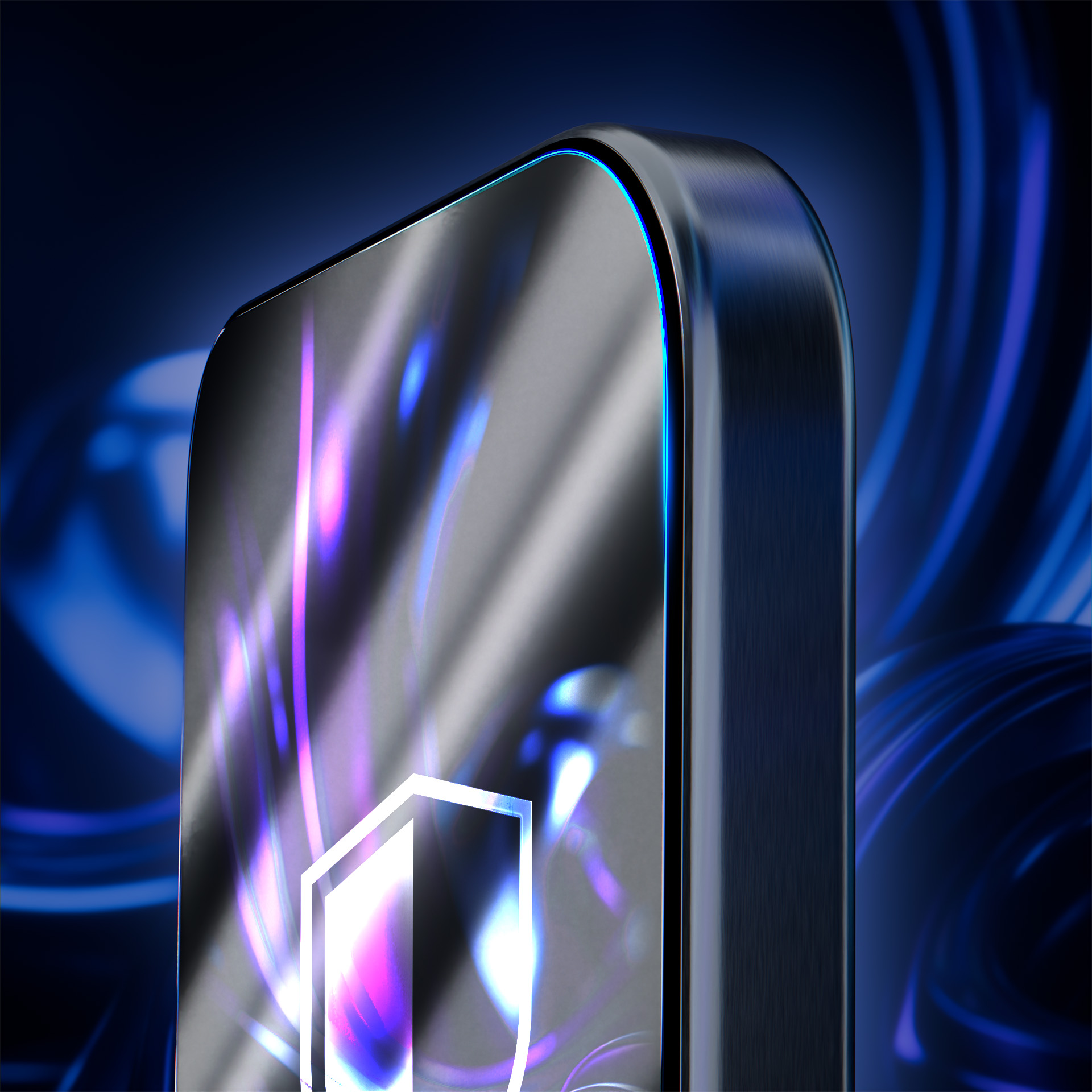 Zbliżenie ciemnego urządzenia. Ekran odbija fioletowe i białe światło. Rama jest ciemna z niebieskim akcentem.