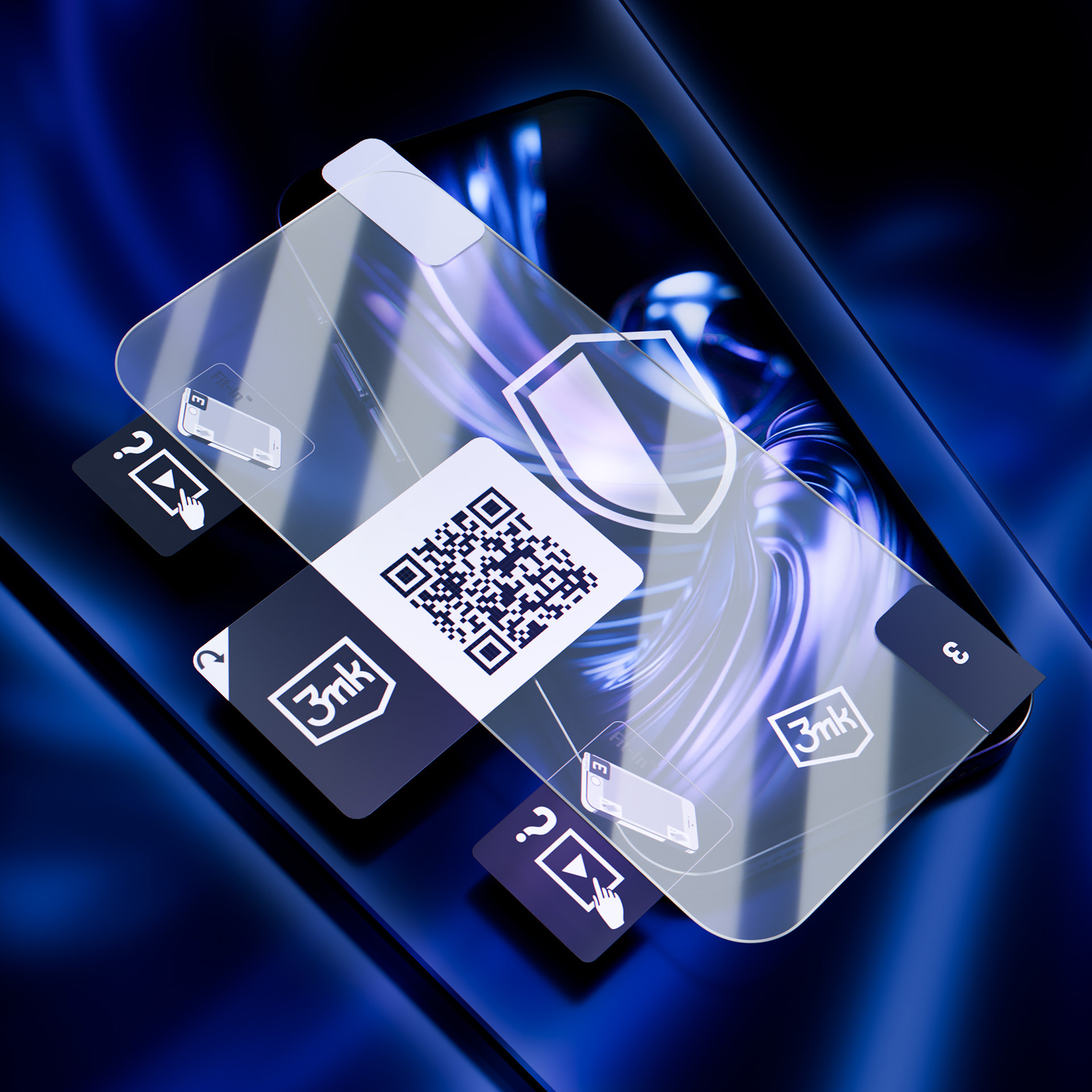 Telefon z ochraniaczem ekranu, kodem QR i ikonami. Tło to gradient niebieskiego.