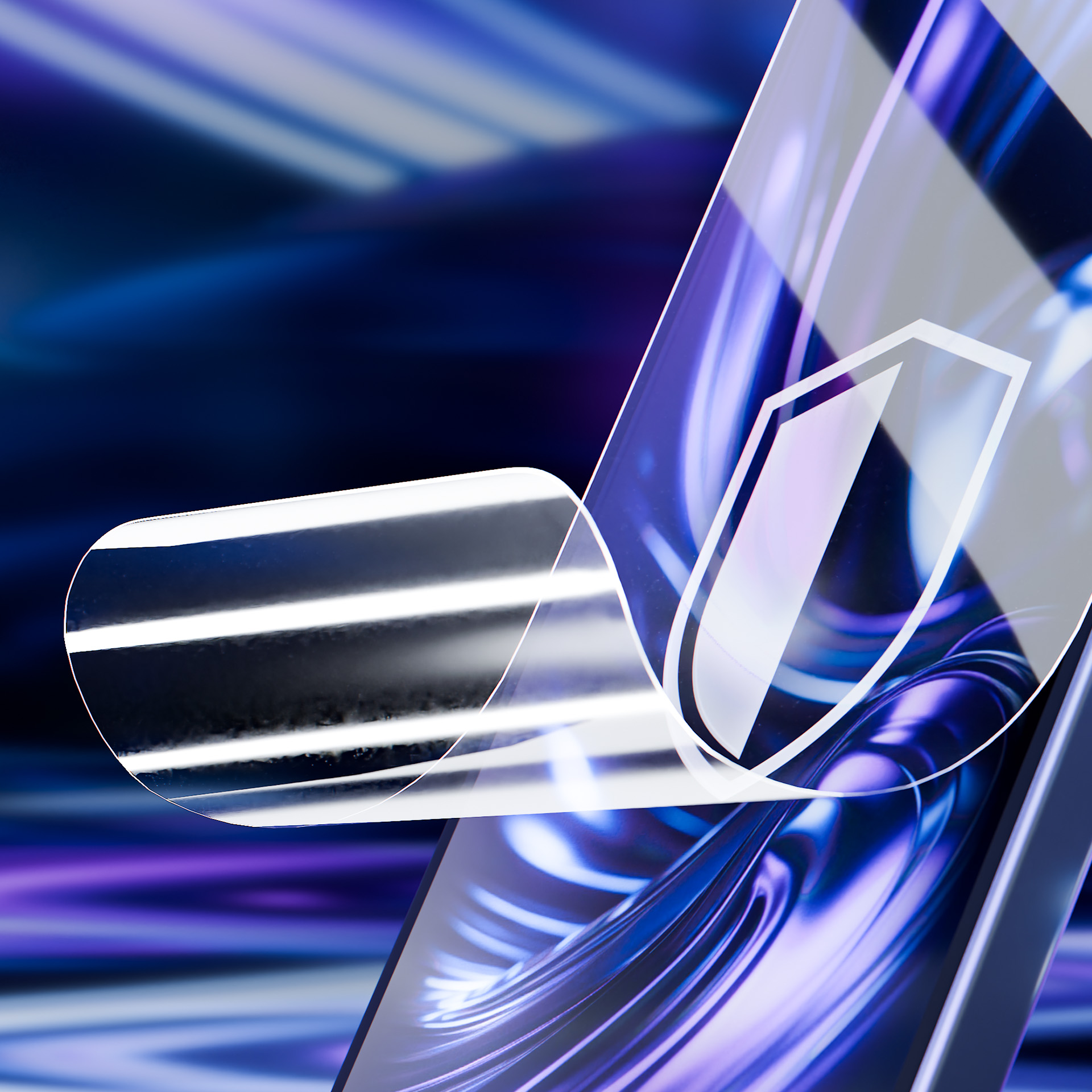 Folia ochronna odkleja się od telefonu, ukazując ikonę tarczy. Tło z niebieskimi i fioletowymi wzorami abstrakcyjnymi.