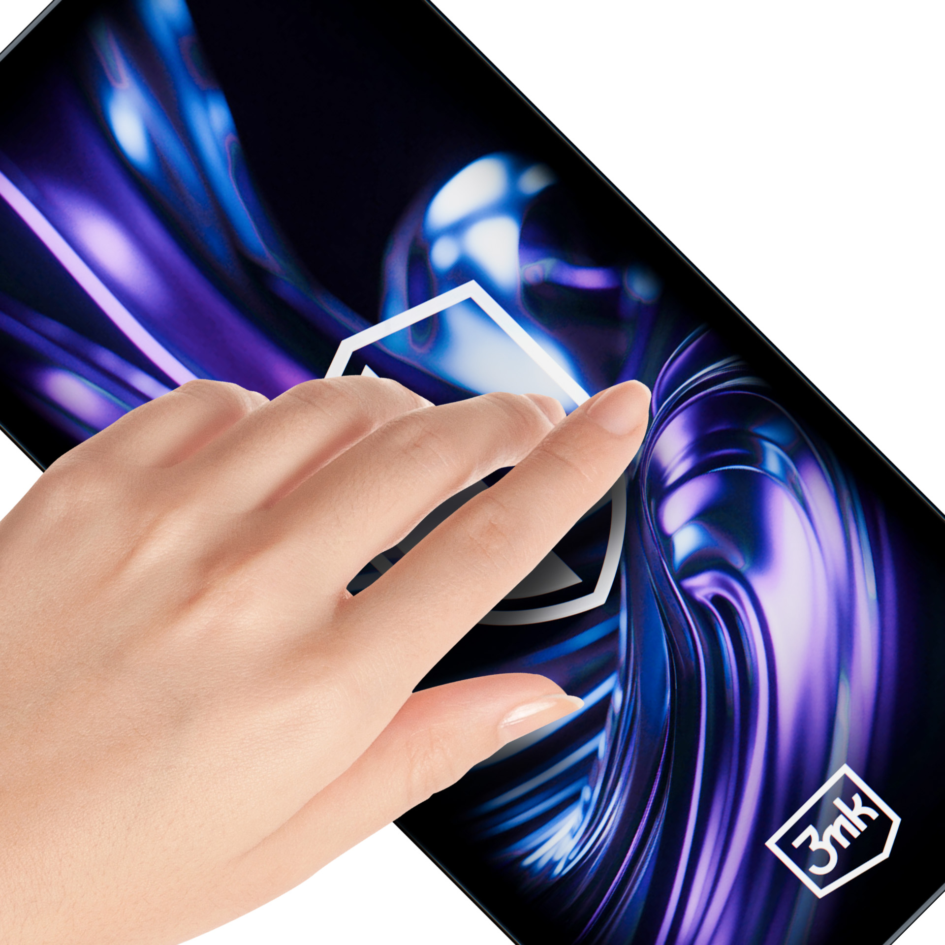 Ręka dotyka ekranu z fioletowo-niebieskim wzorem. Na ekranie znajduje się białe logo tarczy, a w rogu logo marki.