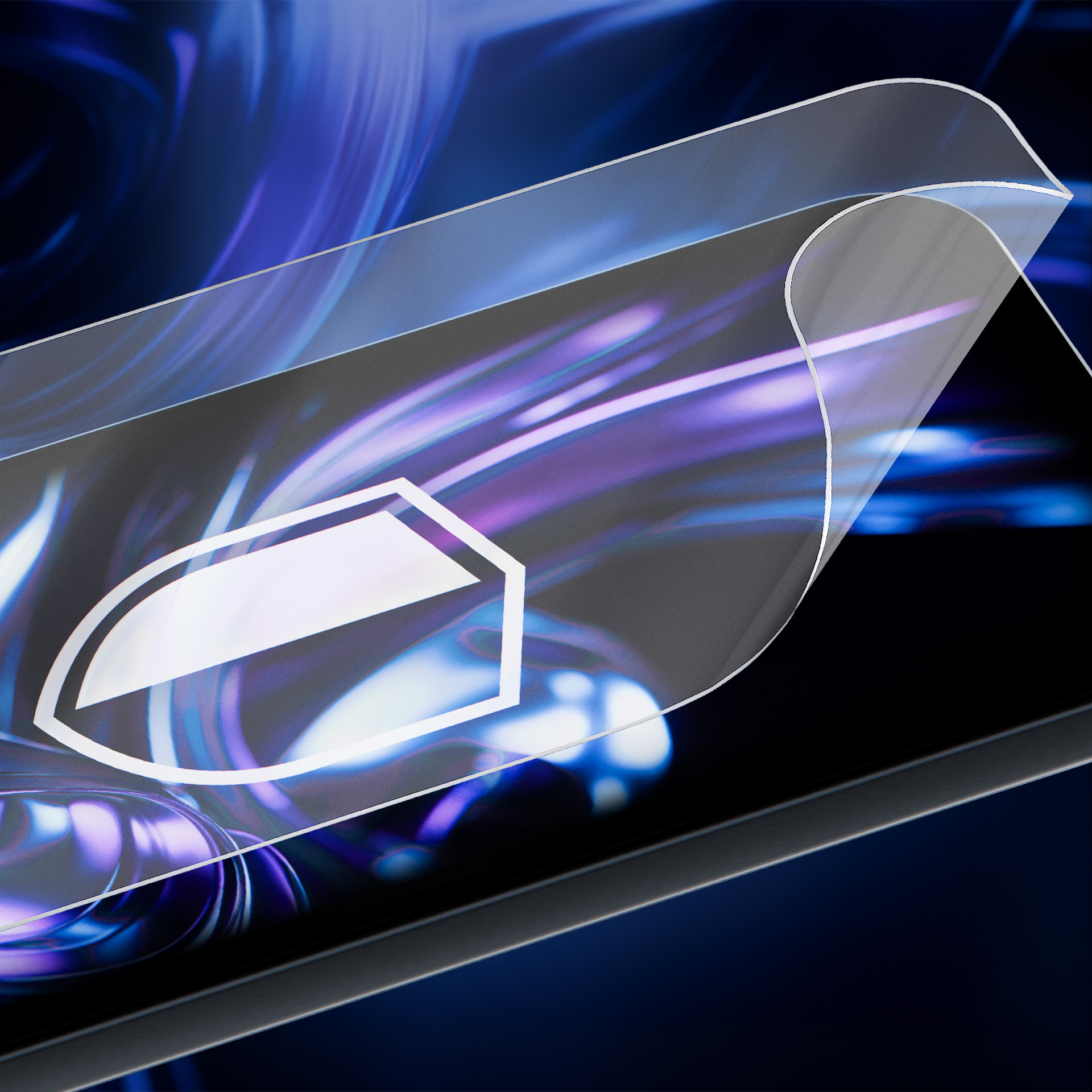 Ochraniacz ekranu jest odklejany od urządzenia. Tło ma rozmyte niebieskie i fioletowe efekty świetlne.