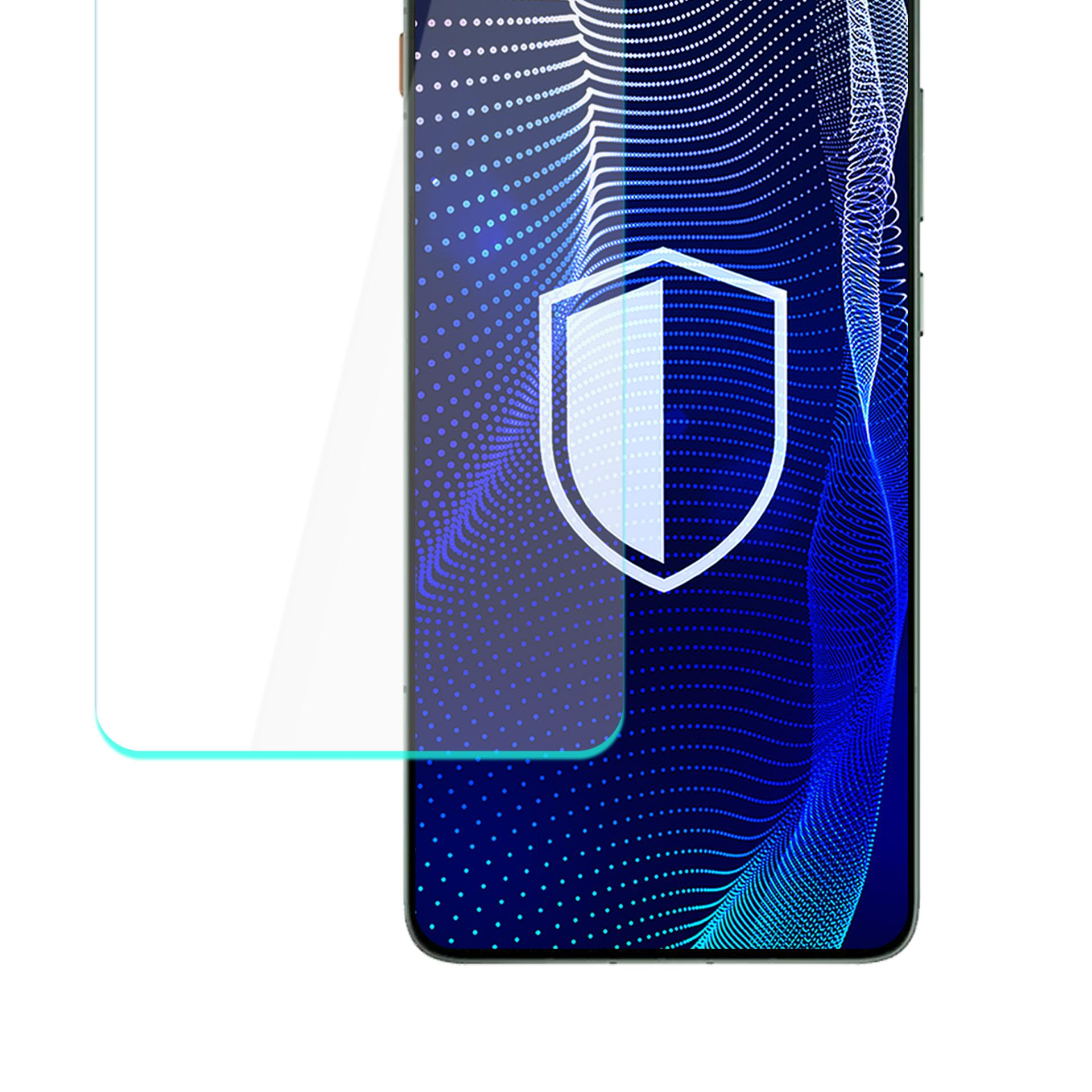 Uno schermo del telefono con uno strato protettivo. Lo schermo mostra un design astratto blu con un'icona a scudo.