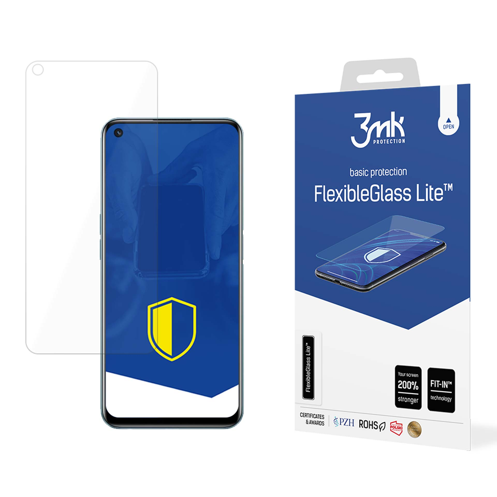 Un telefono e una protezione per lo schermo sono visualizzati. La scatola della protezione ha testo e un'immagine del telefono.