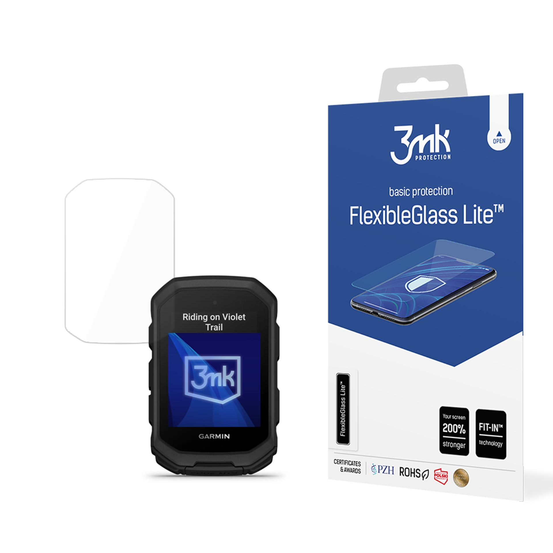 Un dispositivo Garmin con protezione schermo e confezione. La confezione riporta FlexibleGlass Lite e il logo 3mk. Il dispositivo mostra Riding on Violet Trail.