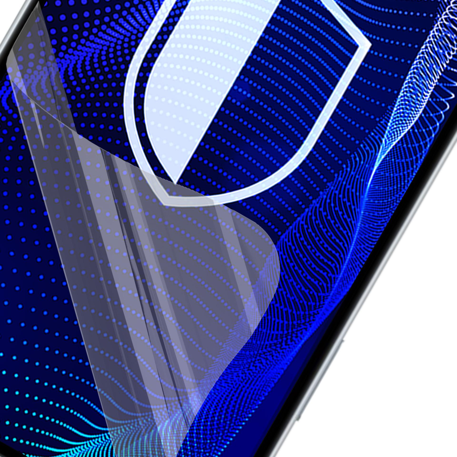 Ekran telefonu z folią ochronną. Tło ma niebieski wzór w kropki i grafikę tarczy.