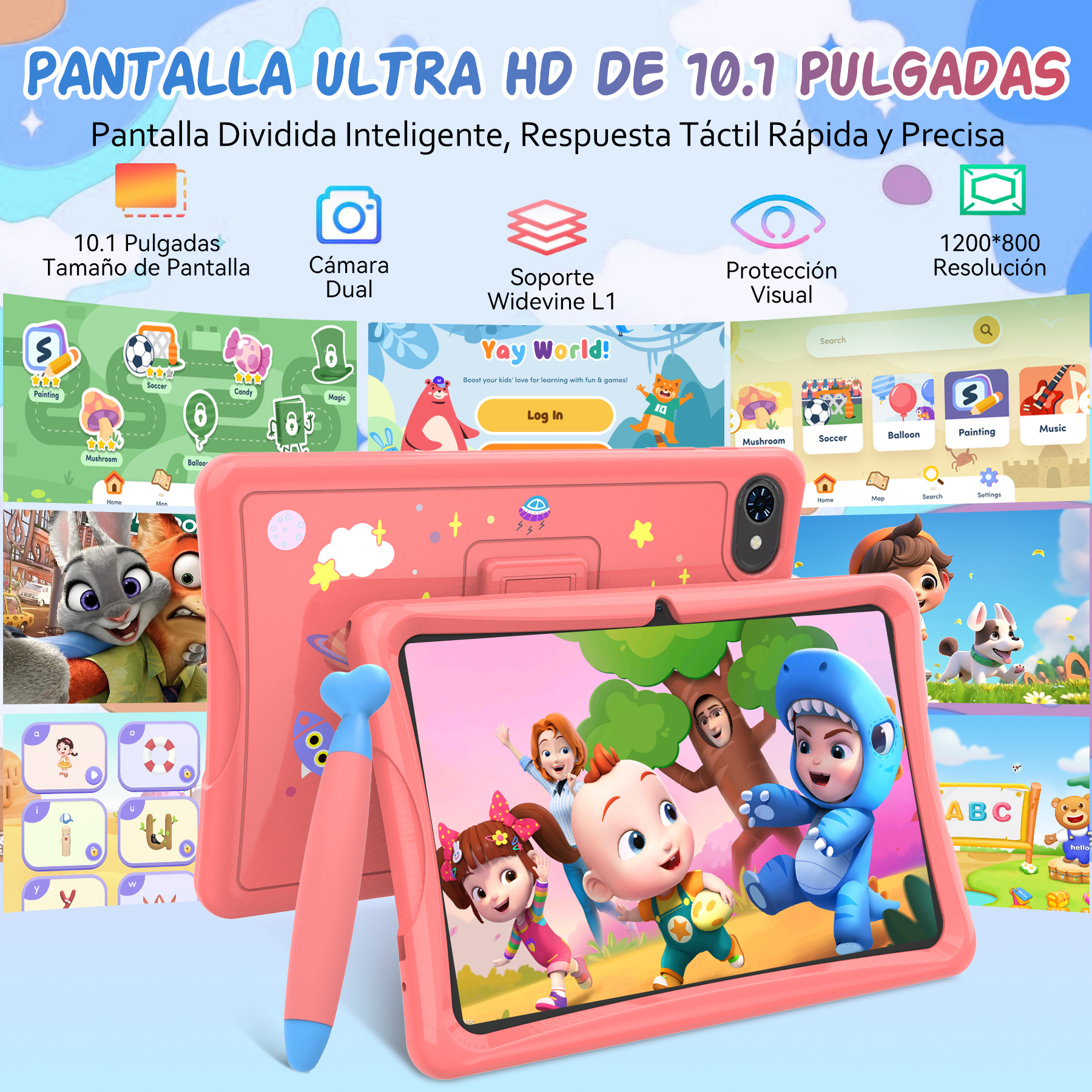 Tableta rosa con personajes de dibujos animados en la pantalla. Incluye cámara dual y juegos.