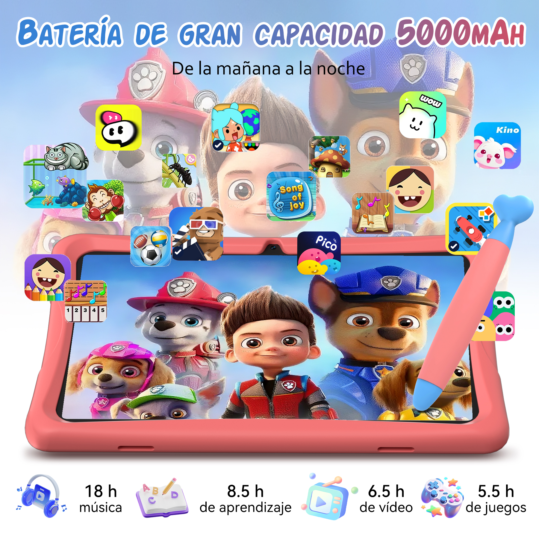 Una tableta rosa con personajes de dibujos animados e iconos de aplicaciones. Reclama una larga duración de la batería para música, aprendizaje, video y juegos.